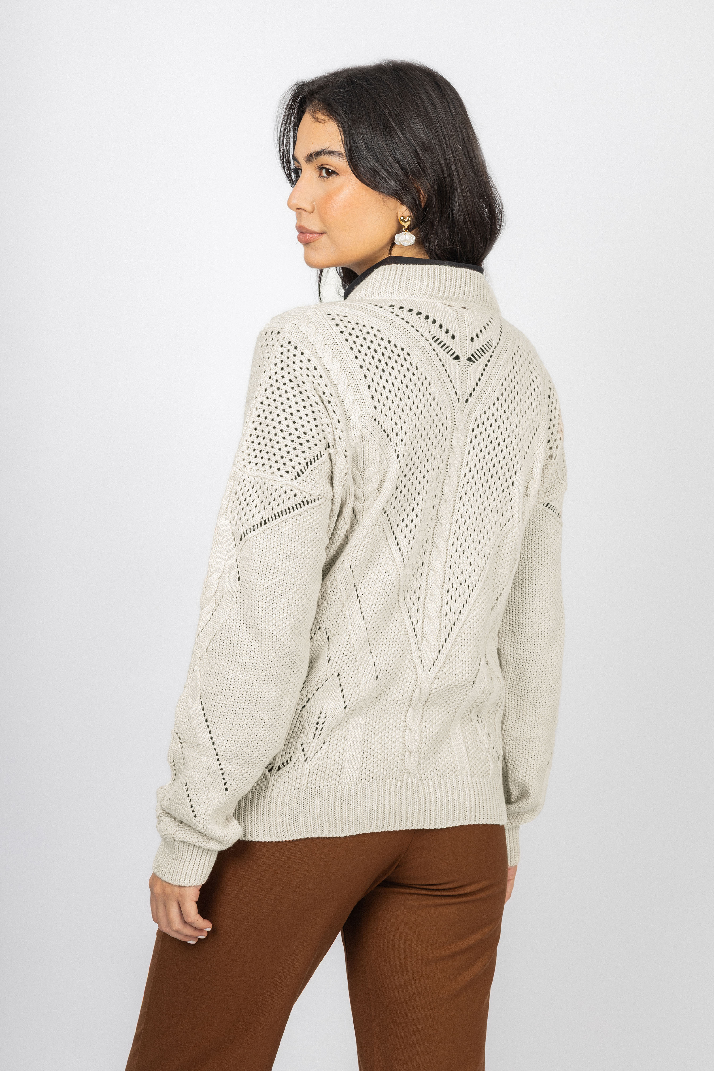 Beige Knitted V-neck Pullover
