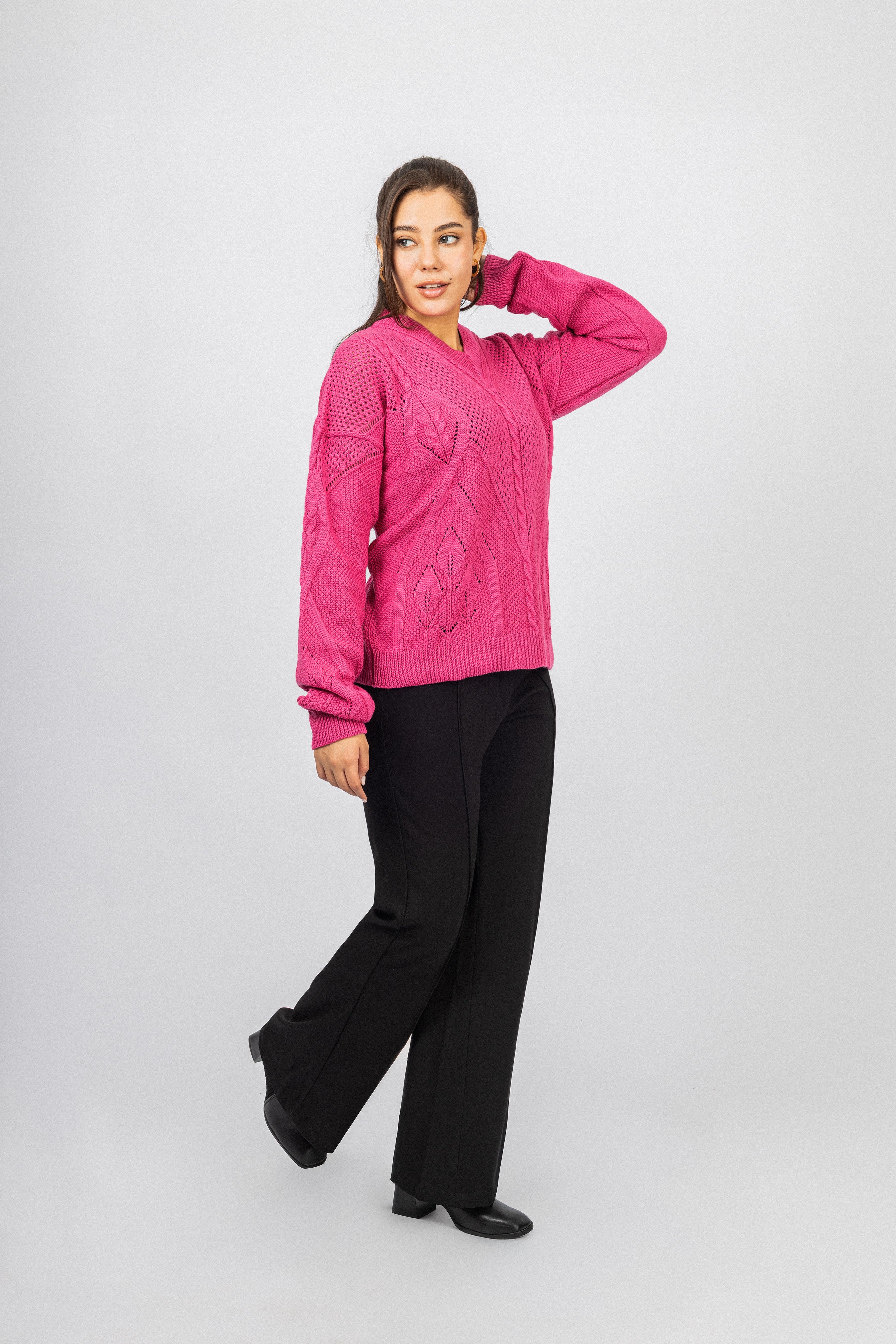 Fuchsia  Knitted V-neck Pullover