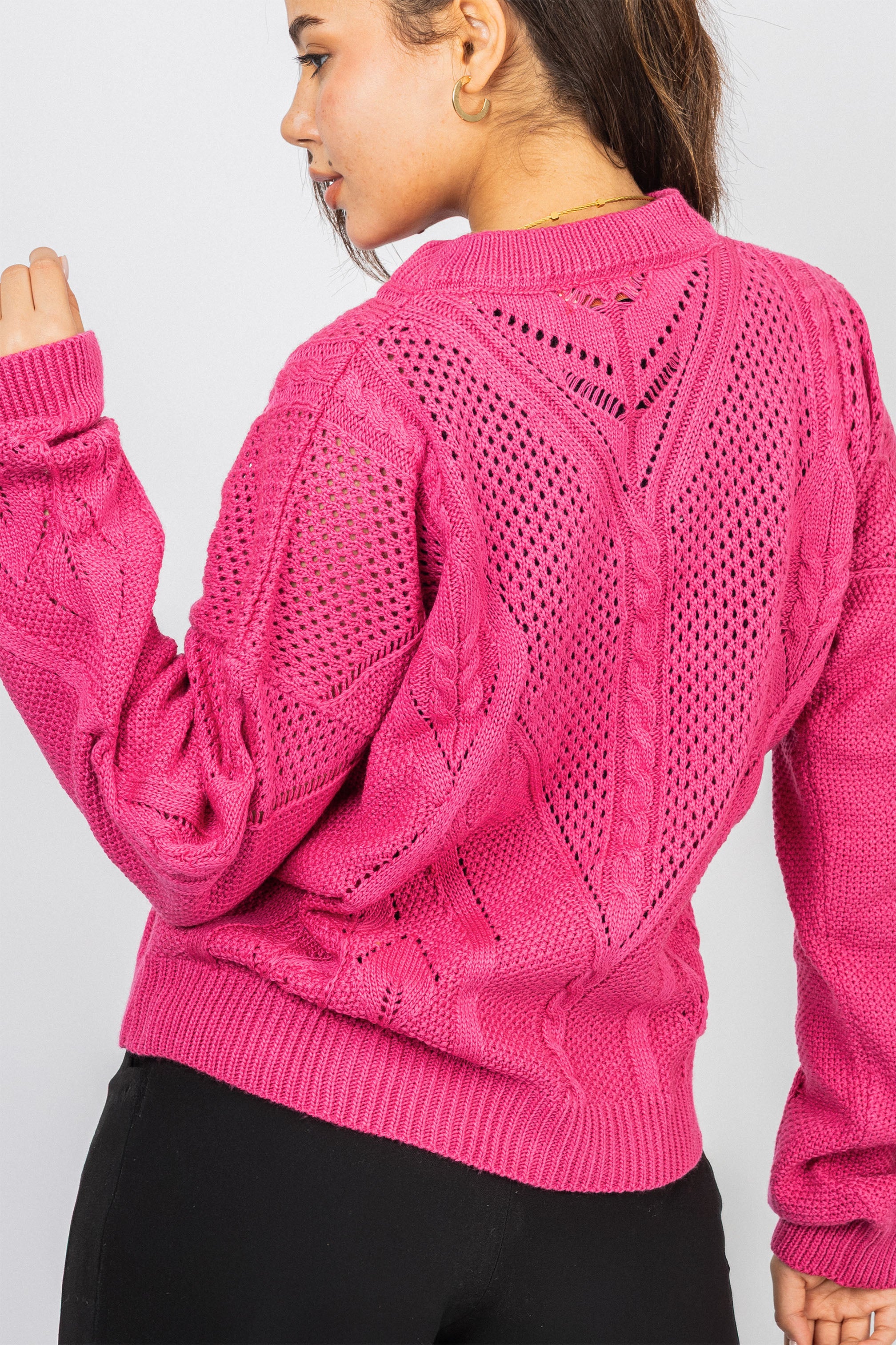 Fuchsia  Knitted V-neck Pullover