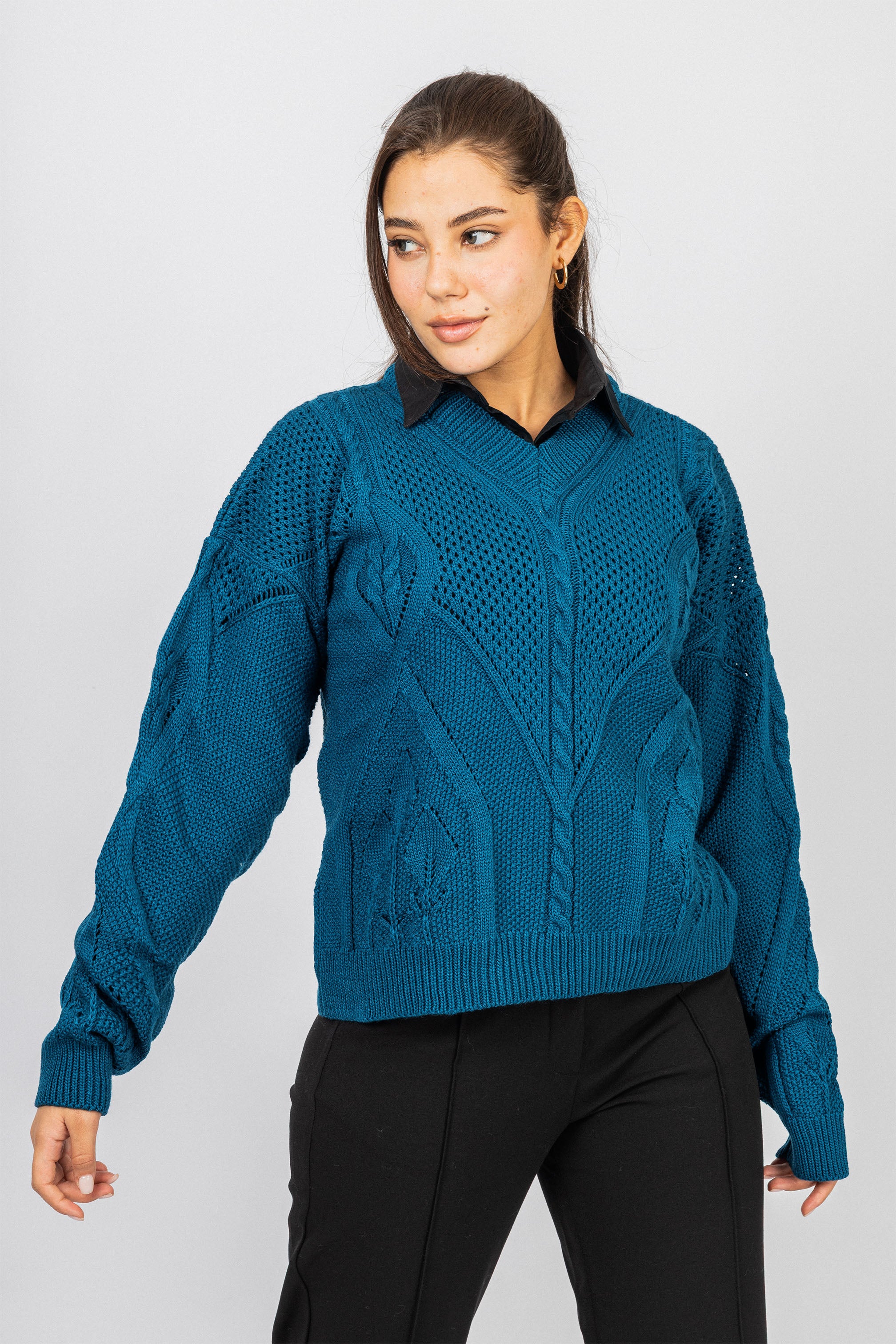 Teal Blue Knitted V-neck Pullover