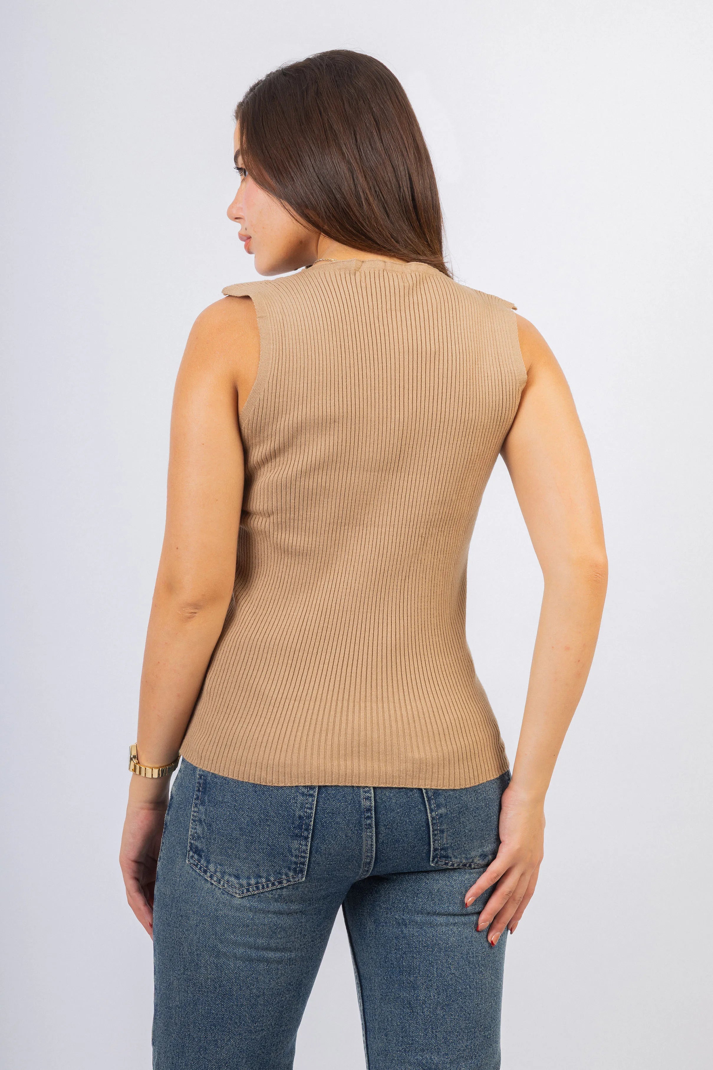 Dark Beige Ripped Knitted Sleeveless Tank Top