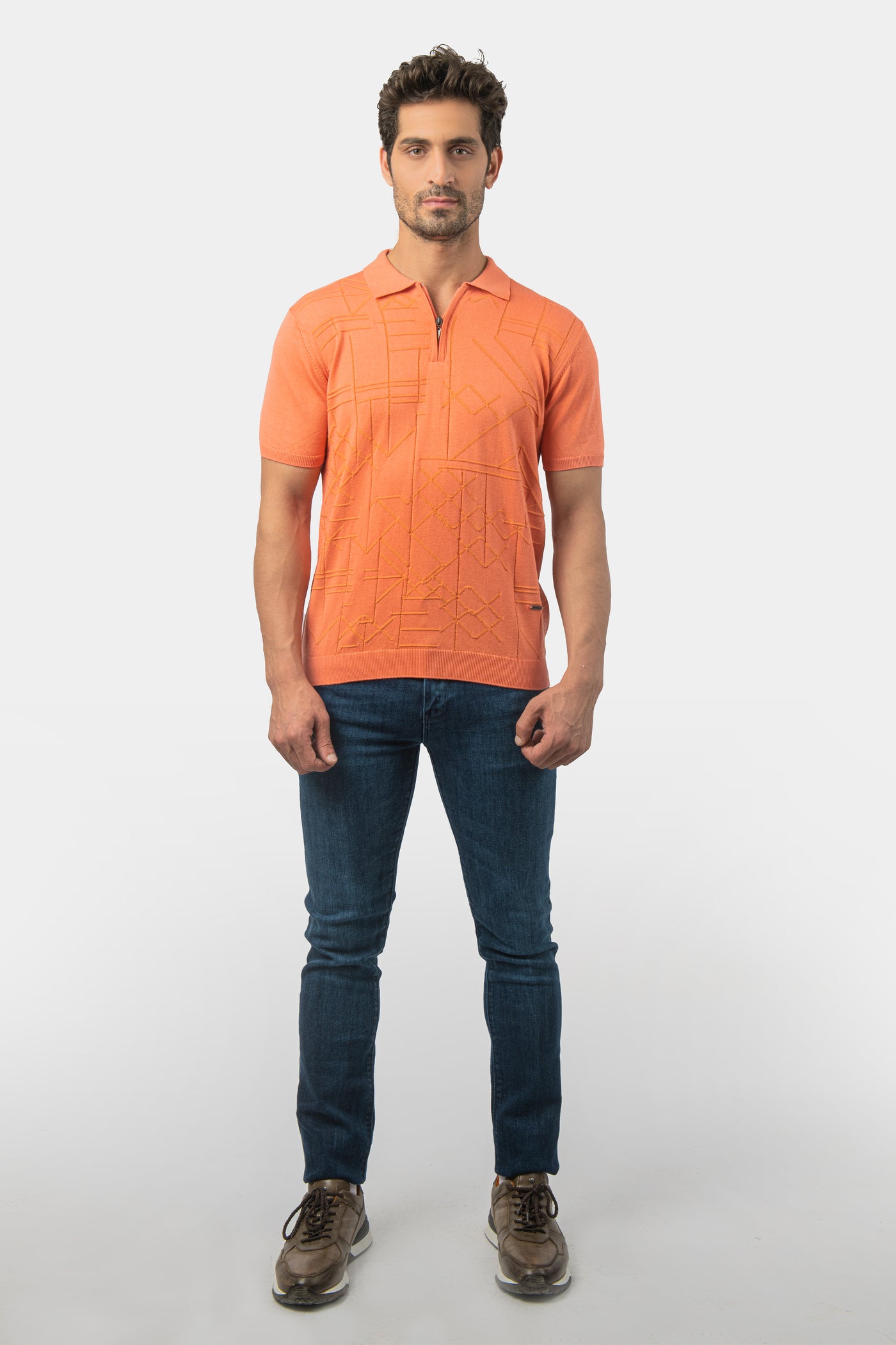 Jacquard Knitted Orange Cotton Polo