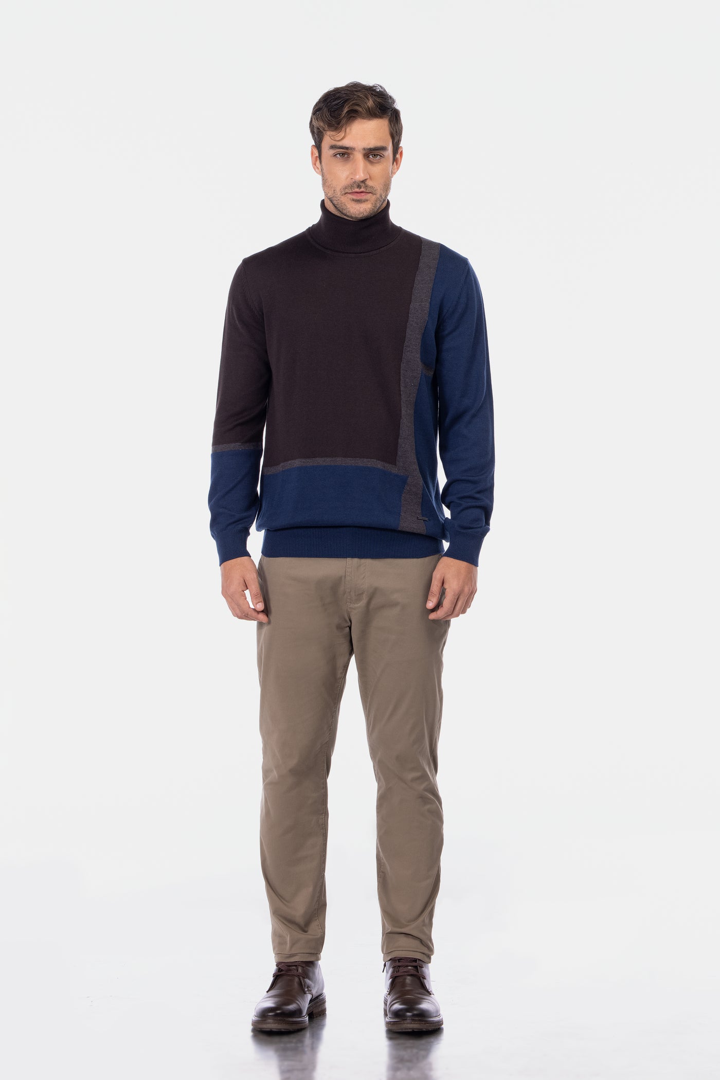 Jacquard Knitted High-neck Brown & Navy Pullover