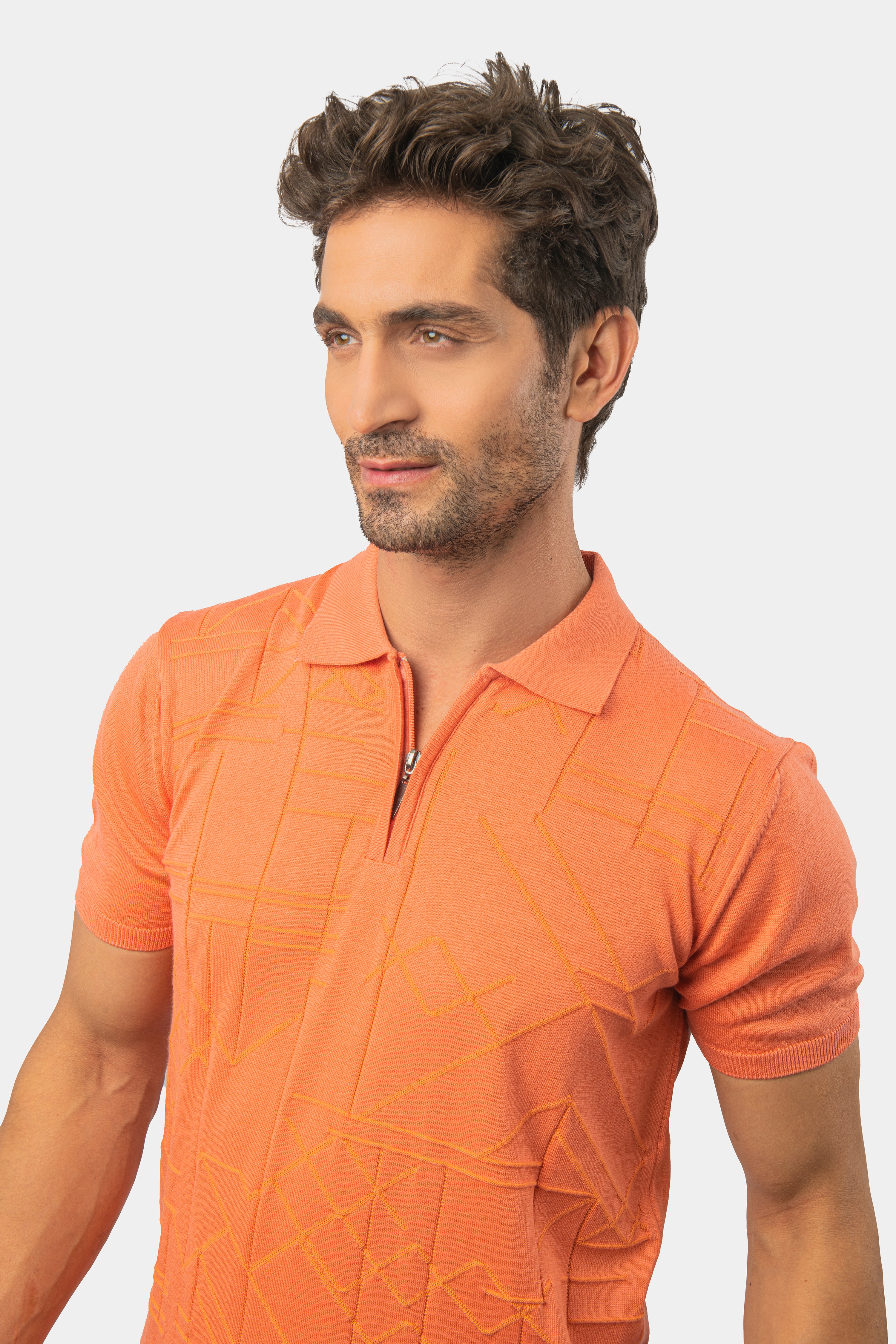 Jacquard Knitted Orange Cotton Polo