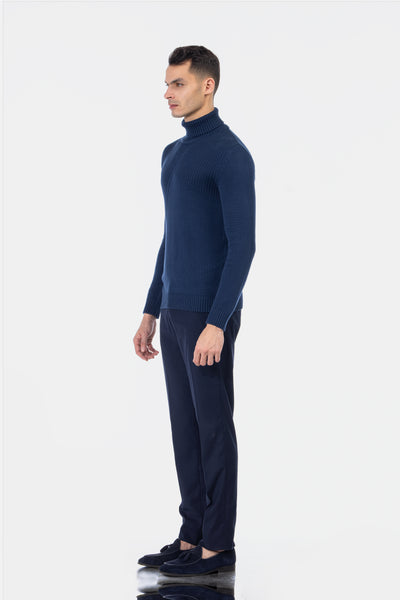 Jacquard Knitted High-neck Navy Pullover
