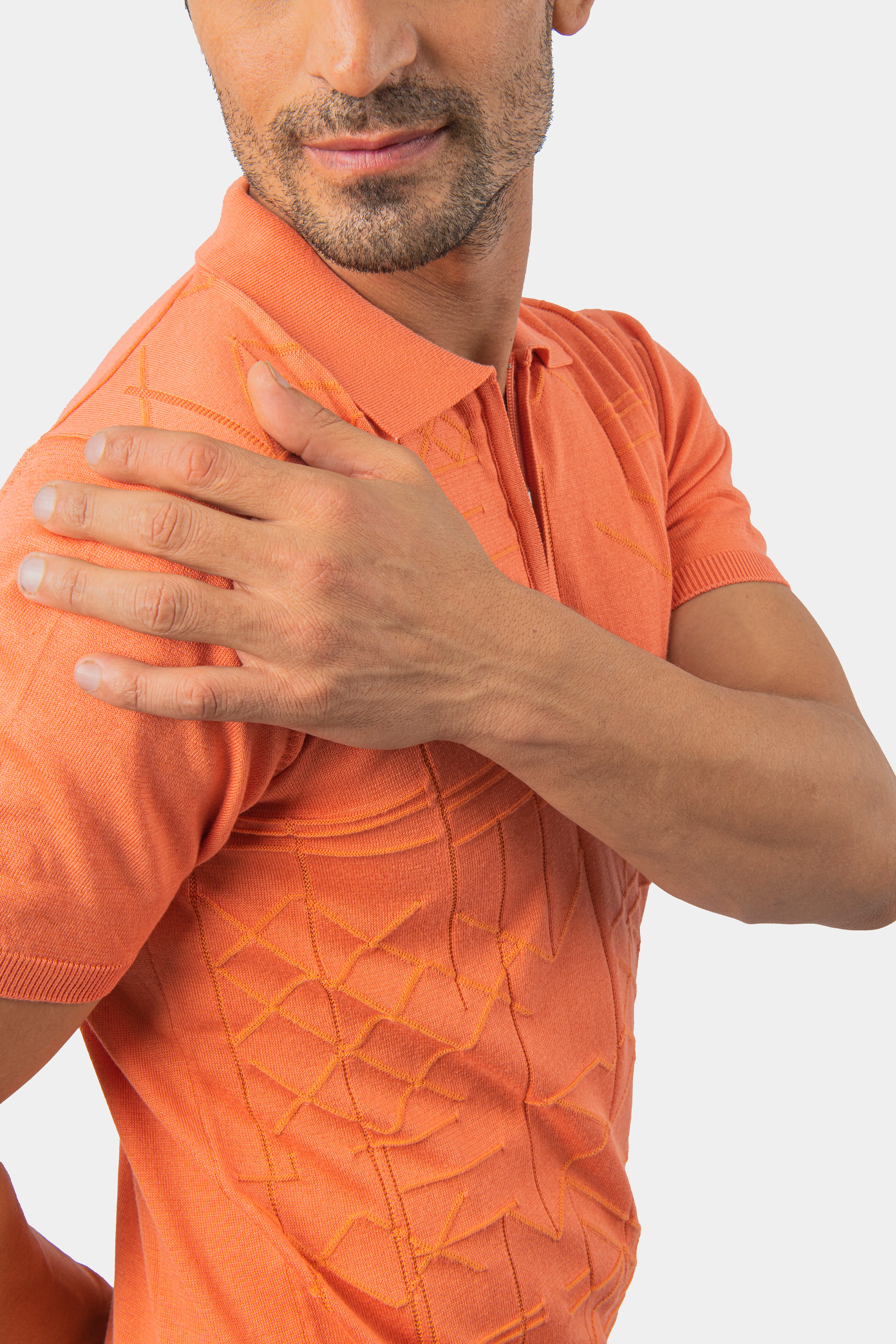 Jacquard Knitted Orange Cotton Polo