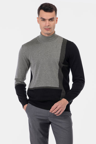 Jacquard Knitted High-neck Black & Gray Pullover