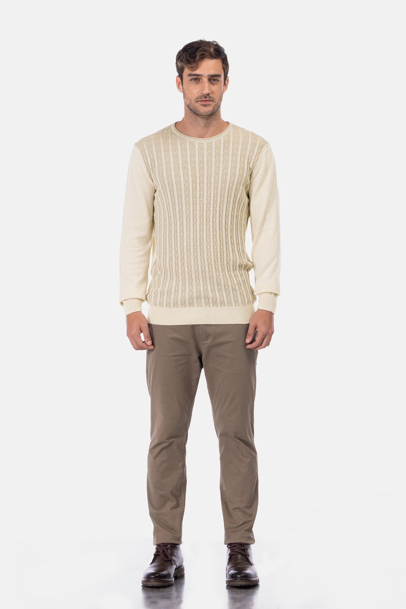 Jacquard Round Neck Beige Knitted Pullover