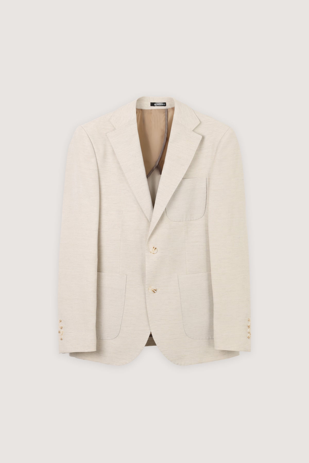 A light beige textured blazer with notch lapels, two front button closures, and flap pockets, displayed on a neutral light gray background.