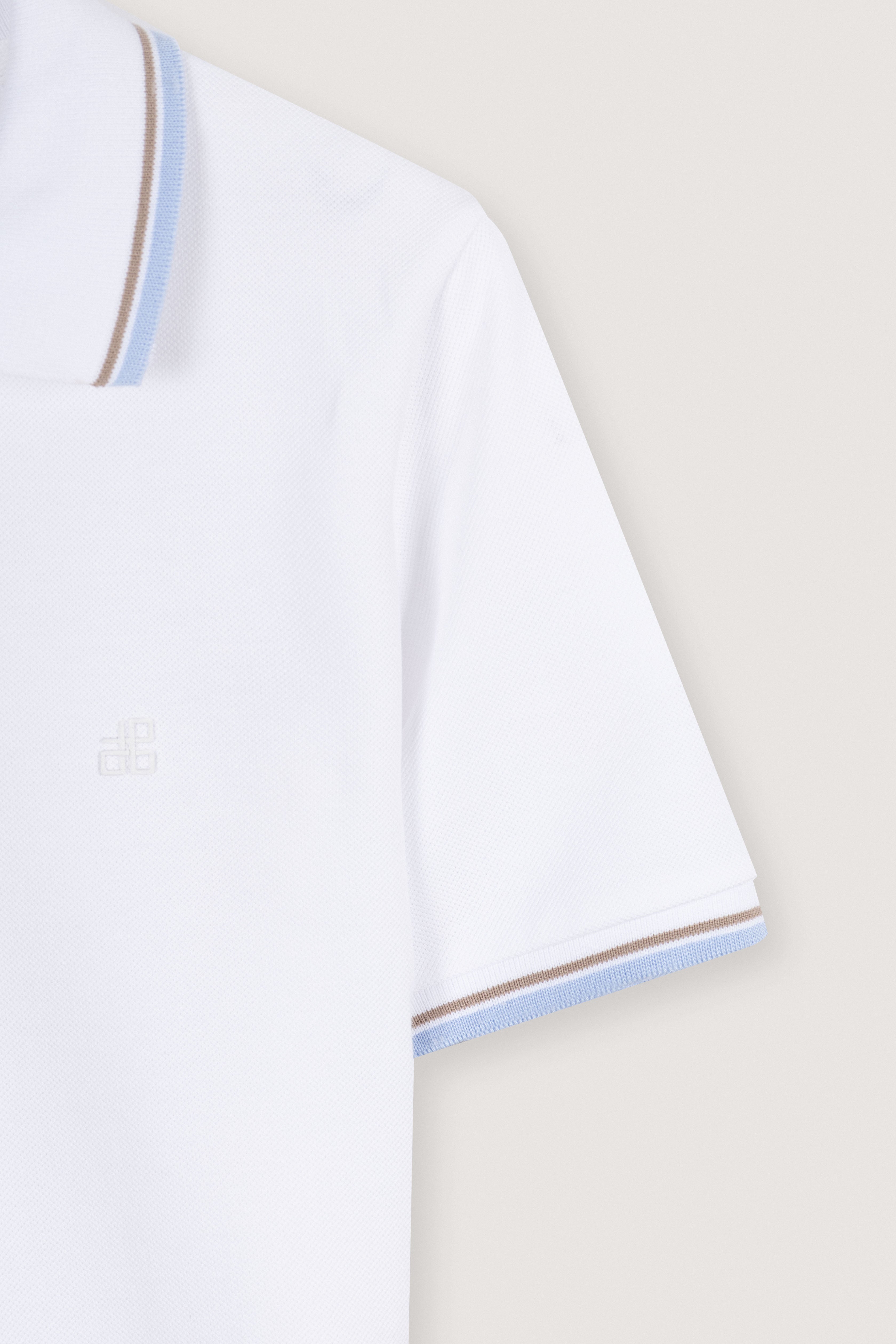 White Pique V neck Polo