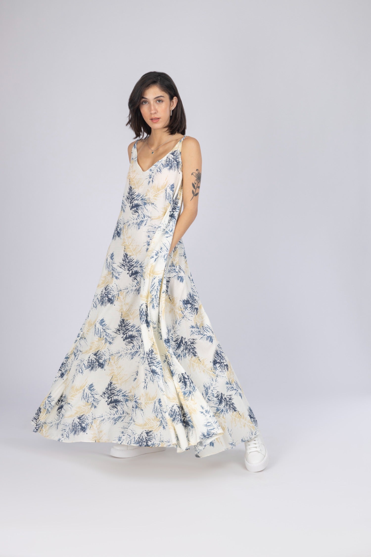 Patterned Petroleum Twill Long Casual Dress