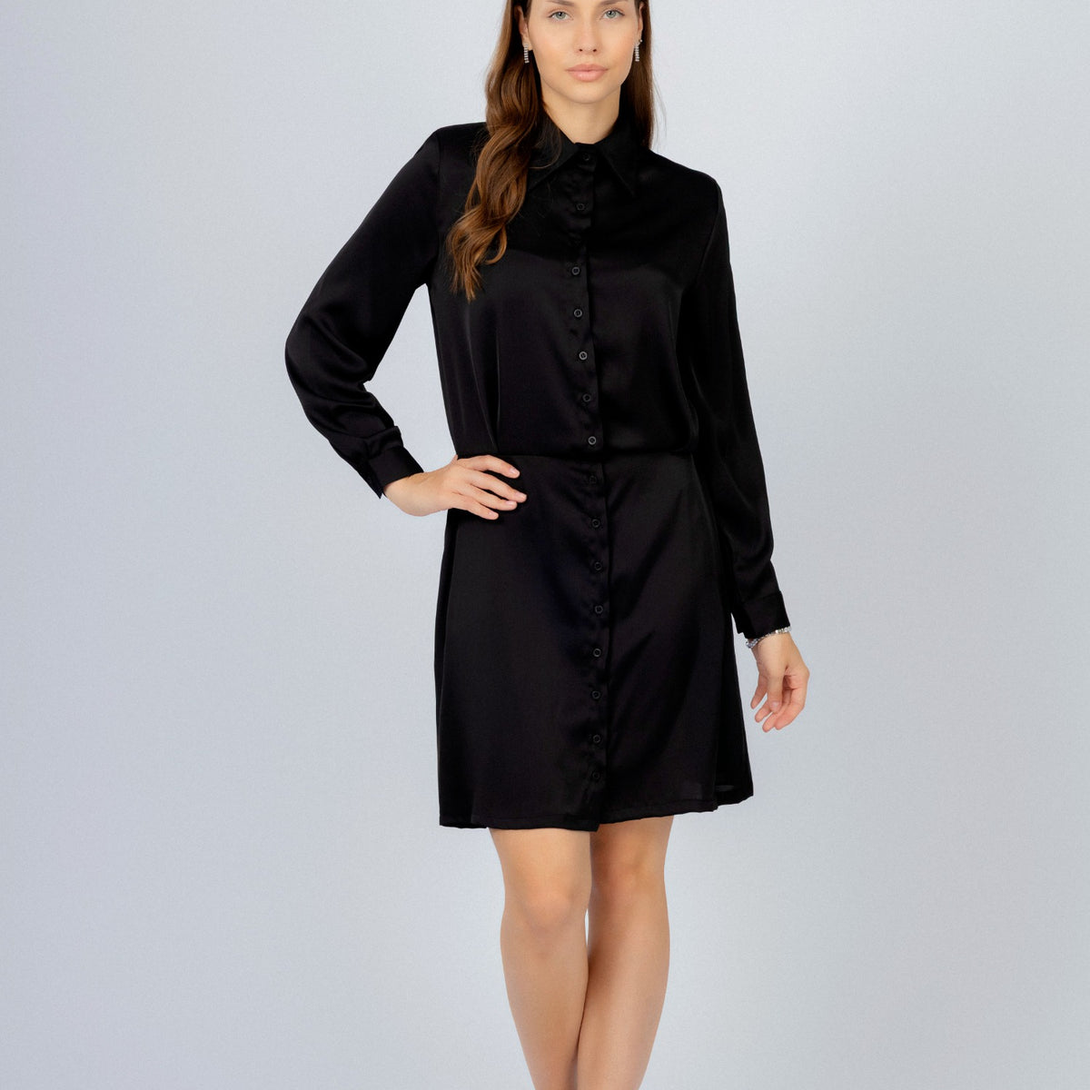 Black Satin Short Classic Shirt Dress