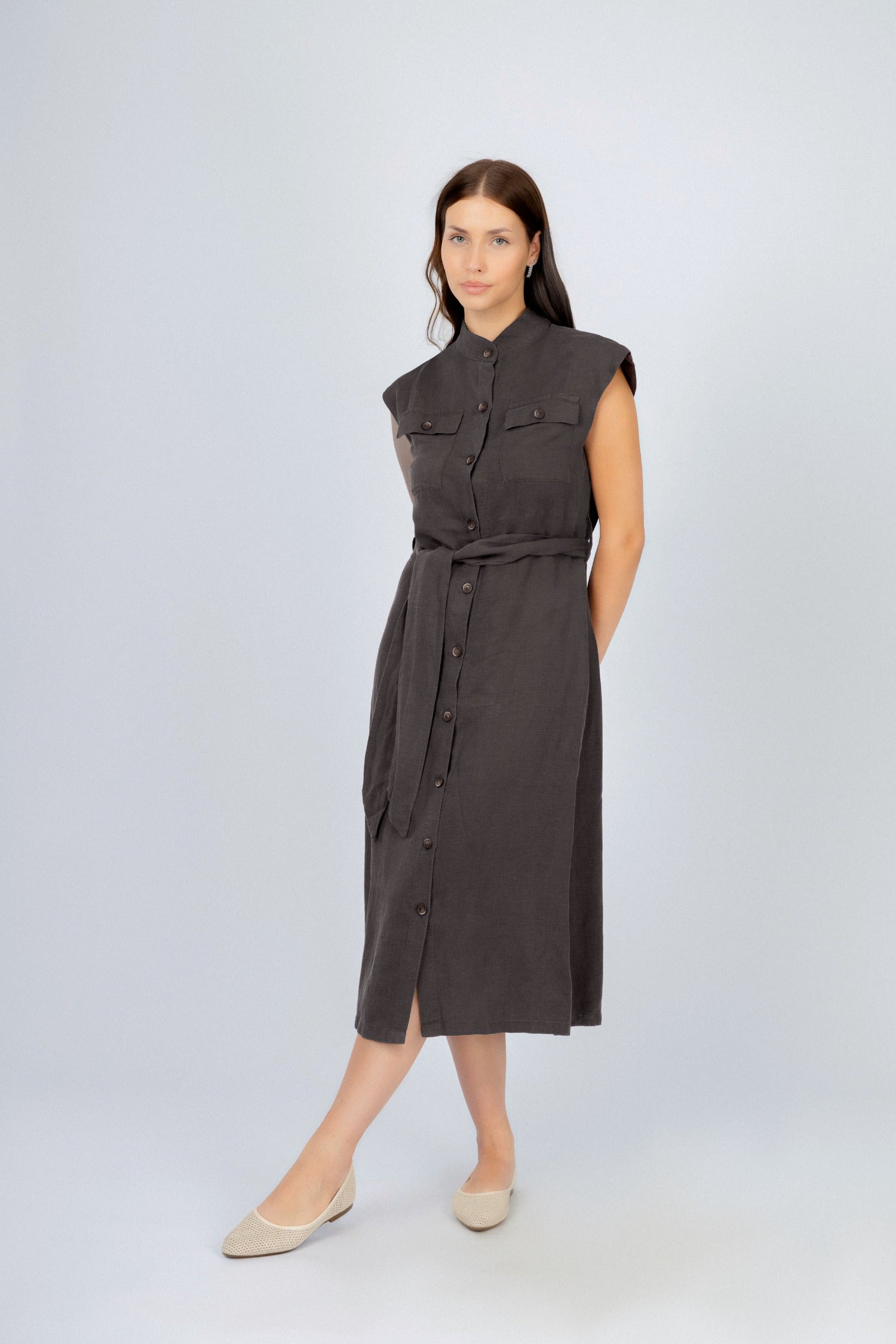 Dark Brown Midi Sleeveless Classic Dress