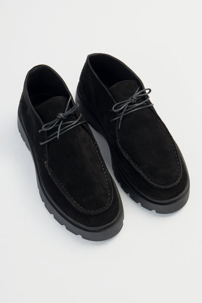 Black Leather Chamois Plain Half-boot with laces