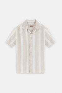 Jacquard Striped Light Beige Linen Look Short Sleeves Shirt