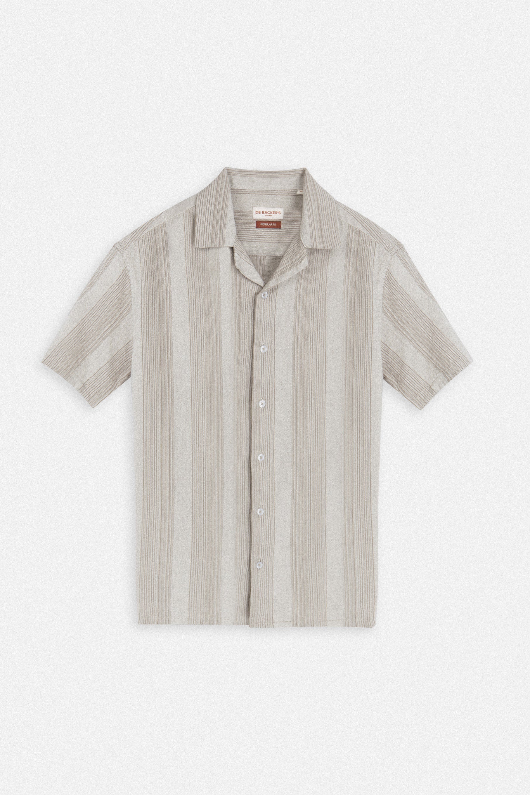 Jacquard Striped Beige Linen Look Short Sleeves Shirt