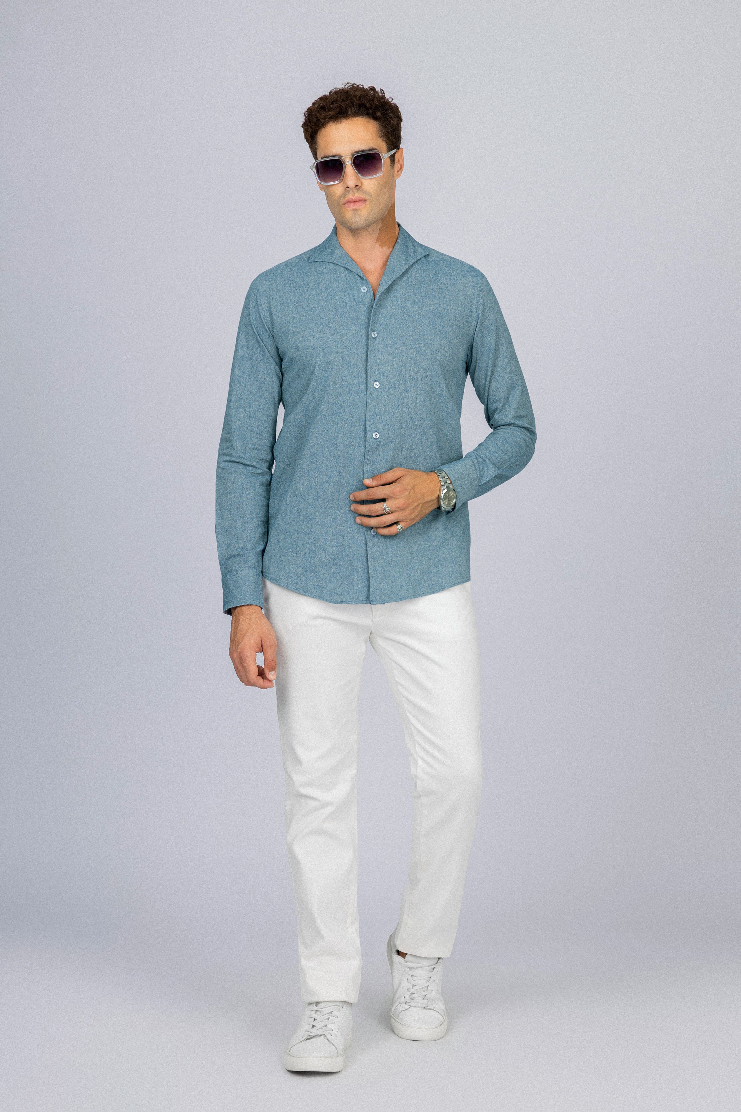 Light Teal Blue Linen Blend Casual Shirt