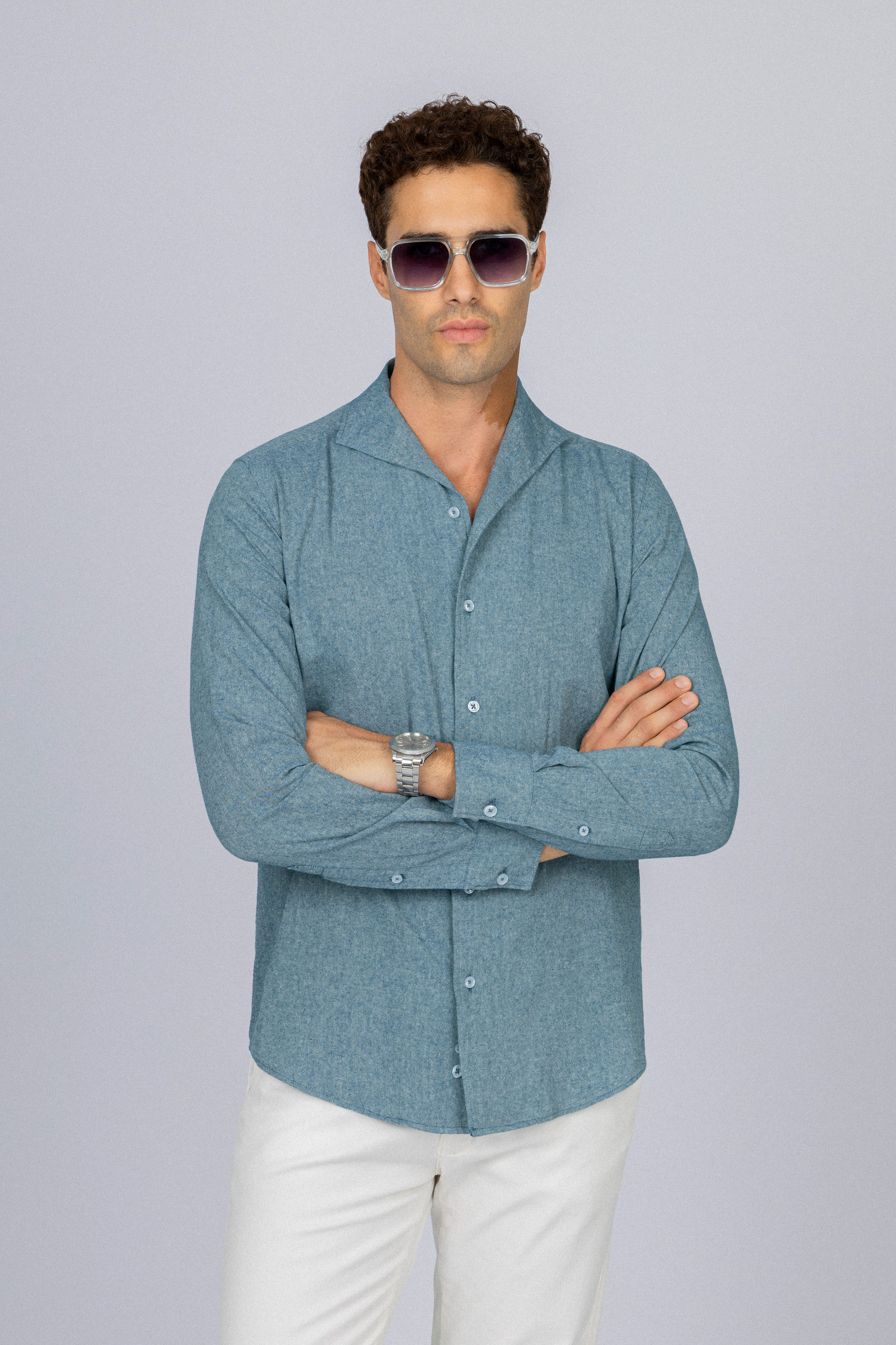 Light Teal Blue Linen Blend Casual Shirt
