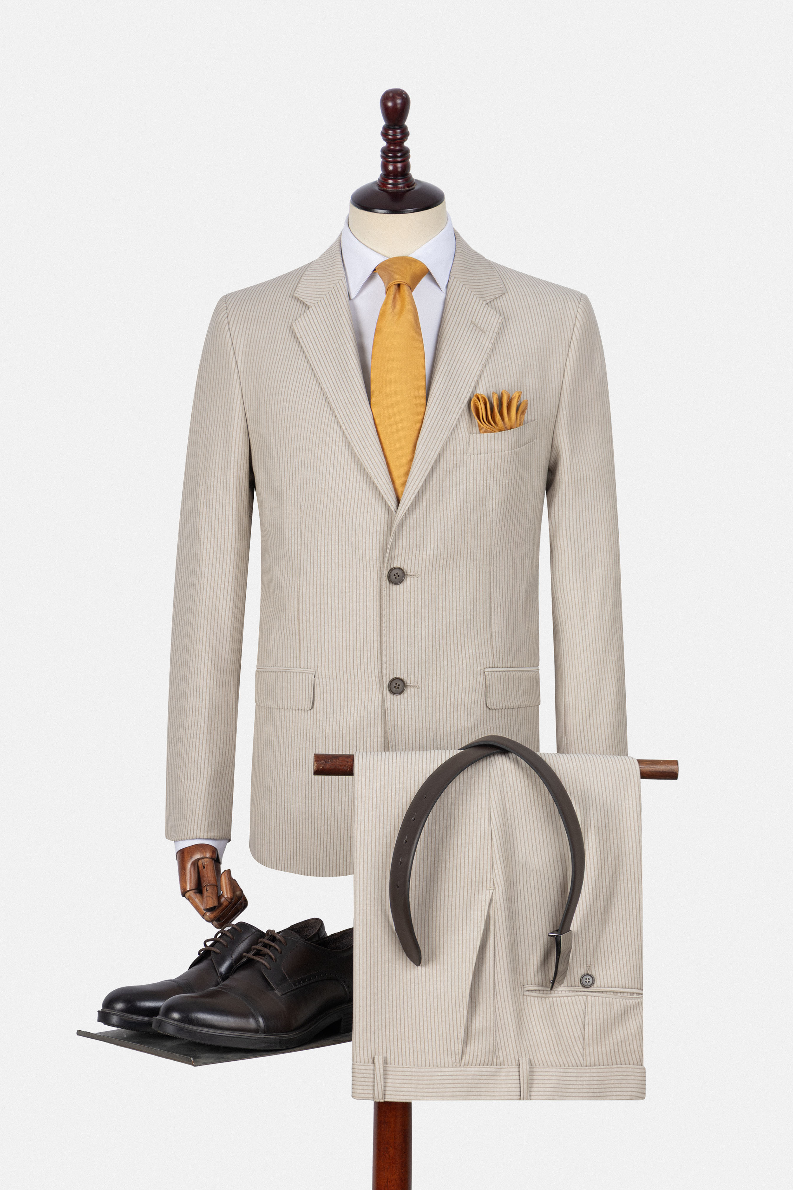 Beige Striped  Formal Suit