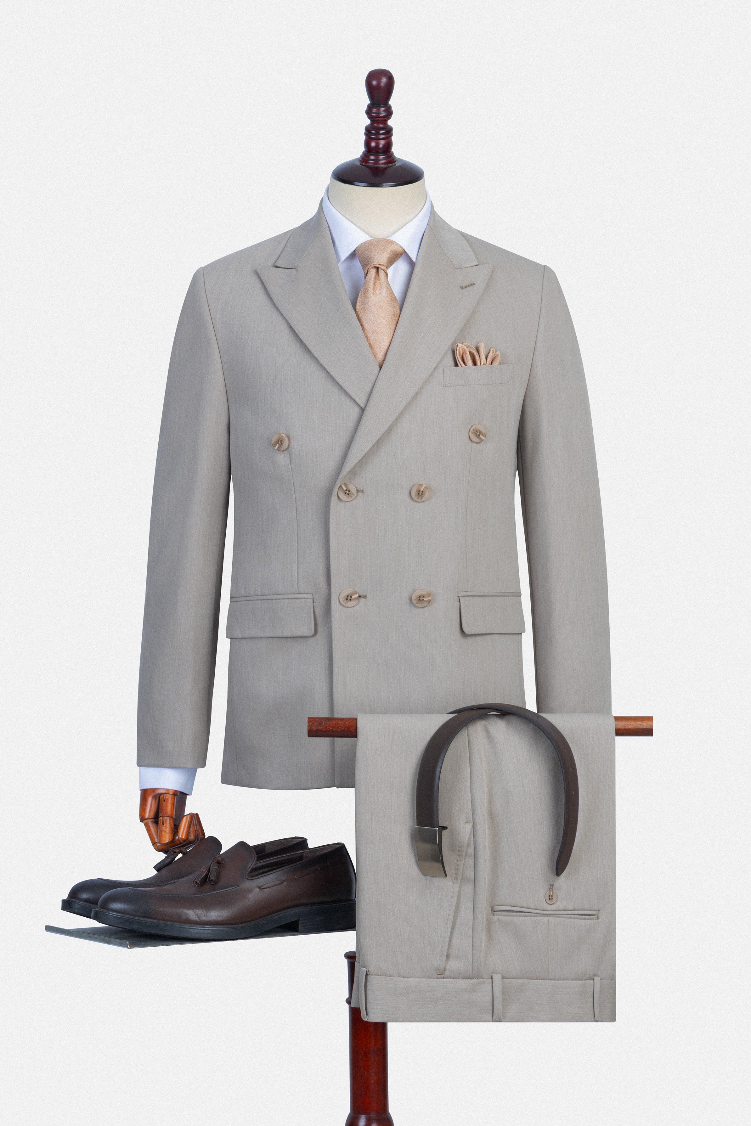 Beige Double Breasted Casual Suit
