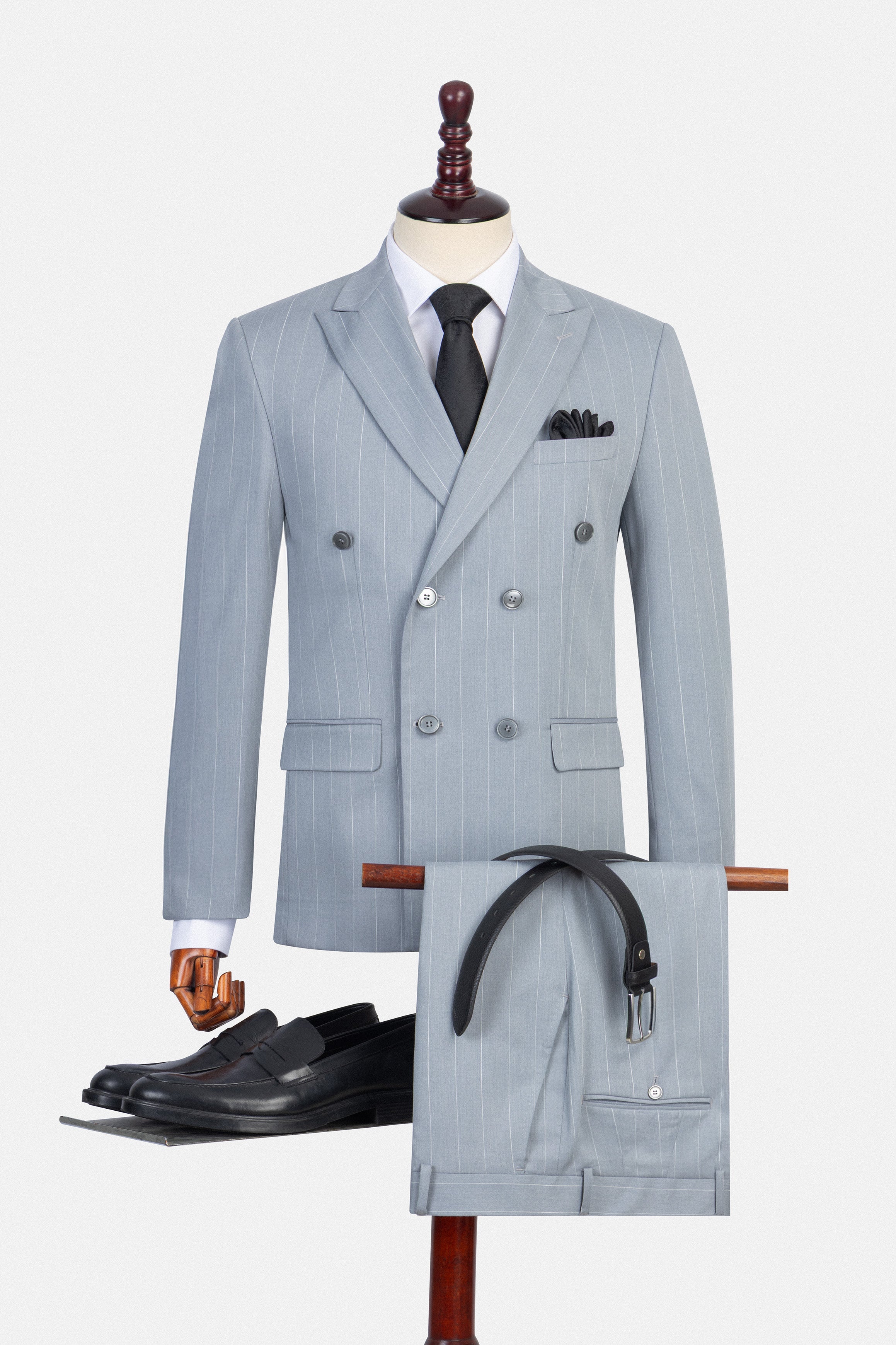 Striped Bamboo Light Gray Double Breasted Casual Suit
