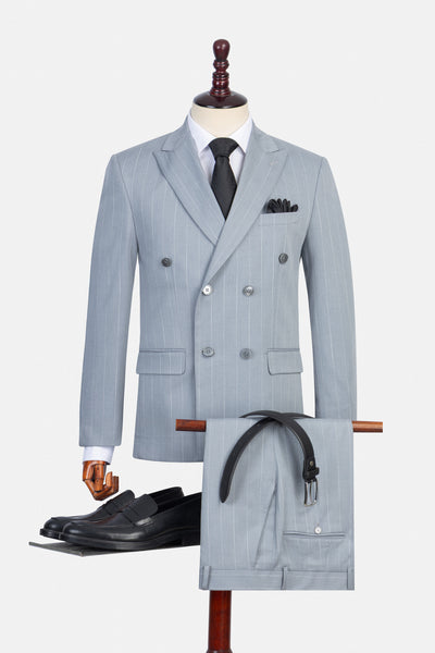 بدلة كاجوال مخططة بامبو باللون الرمادي الفاتح ذات صفين من الأزرار