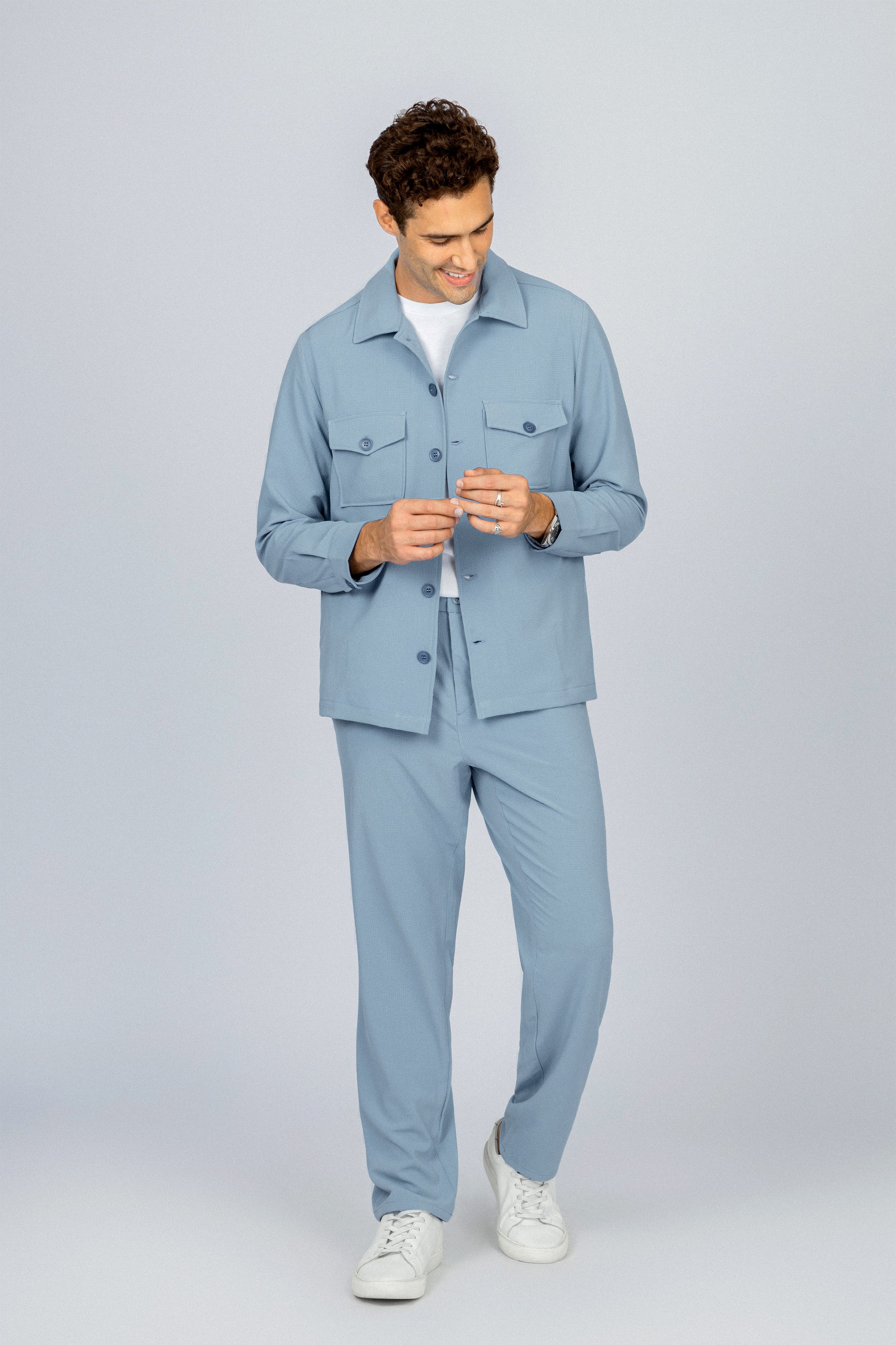 Patterned Light Blue Button-Up Over-Shirt