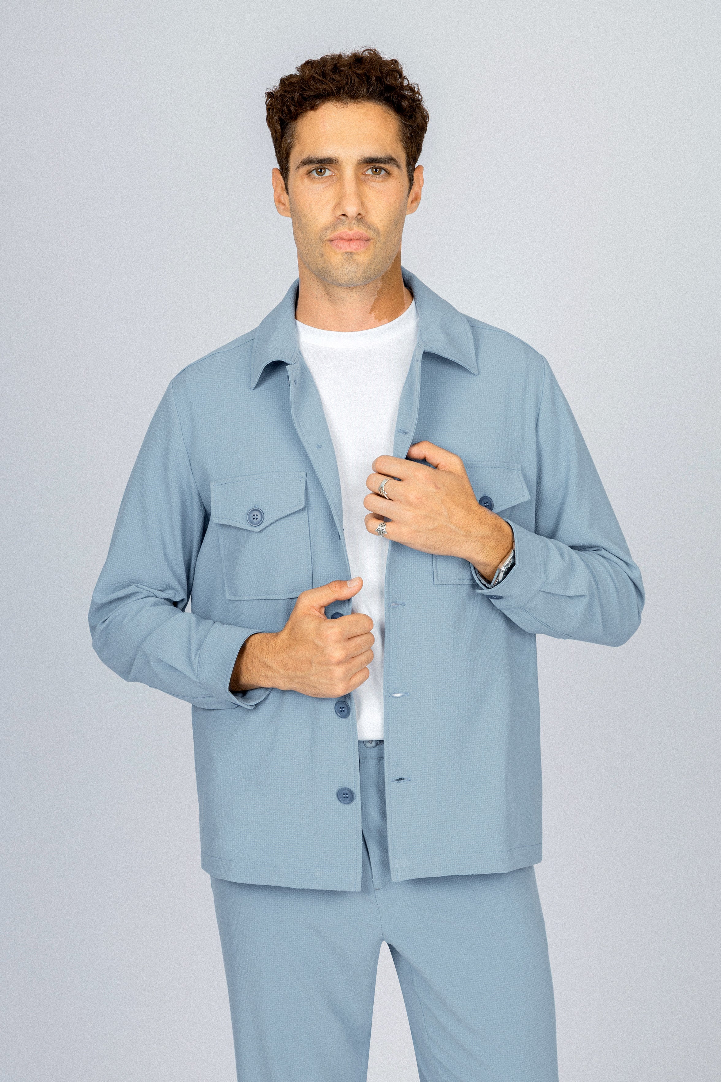 Patterned Light Blue Button-Up Over-Shirt