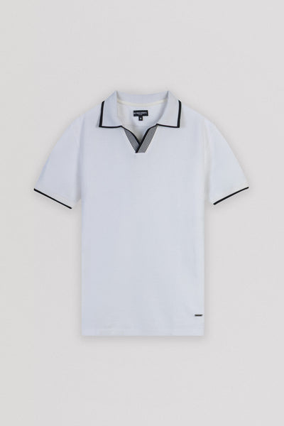 Pique White V neck Polo