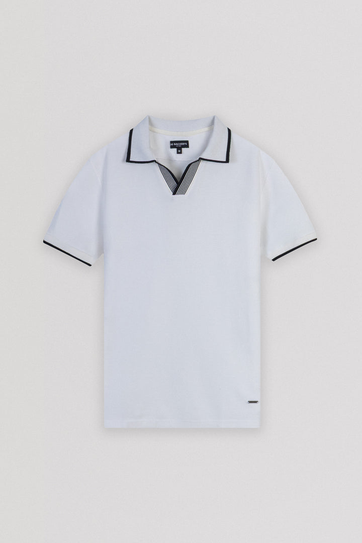 Pique White V neck Polo