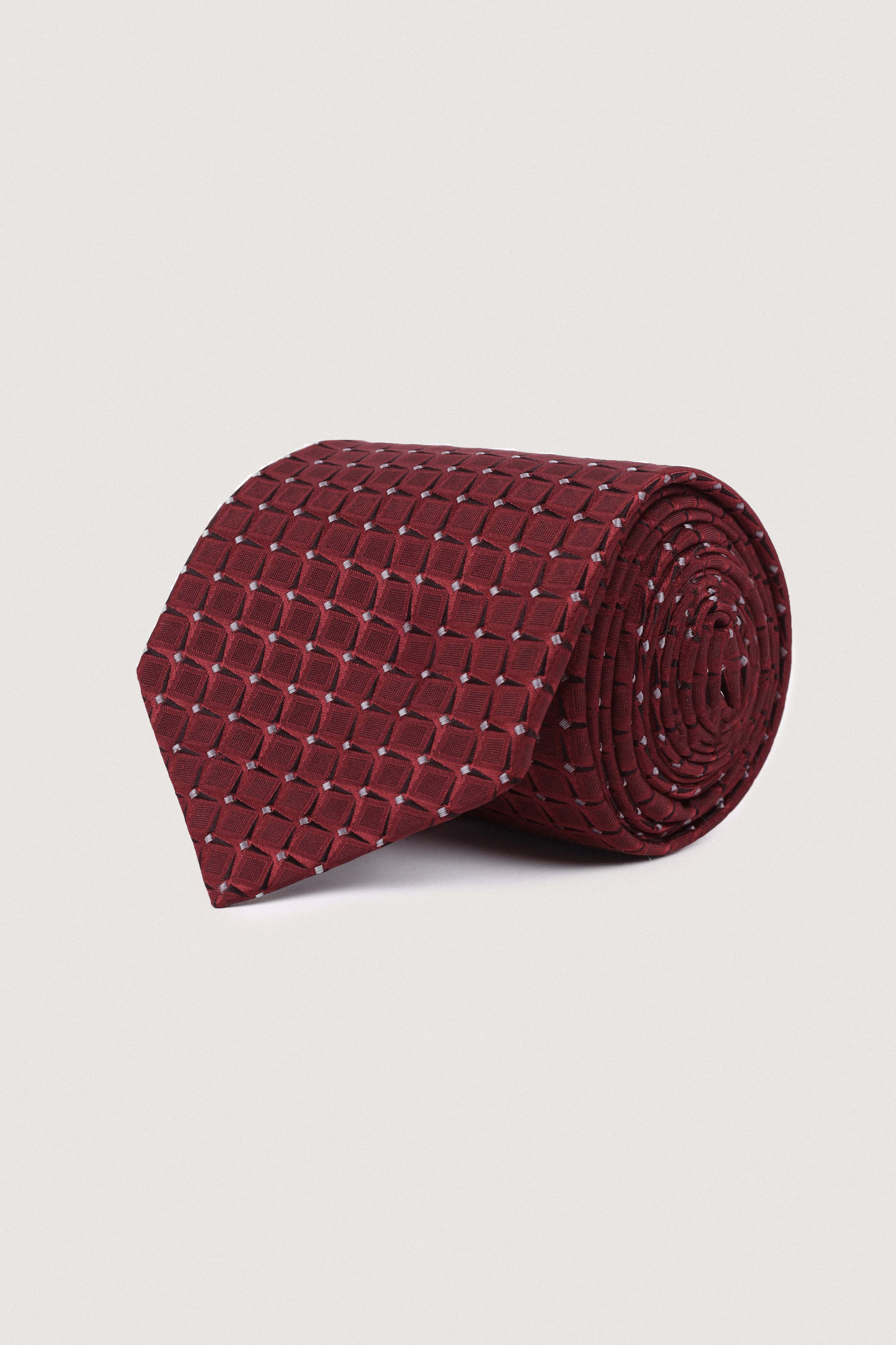 Dark Red Jacquard Necktie with Handkerchief
