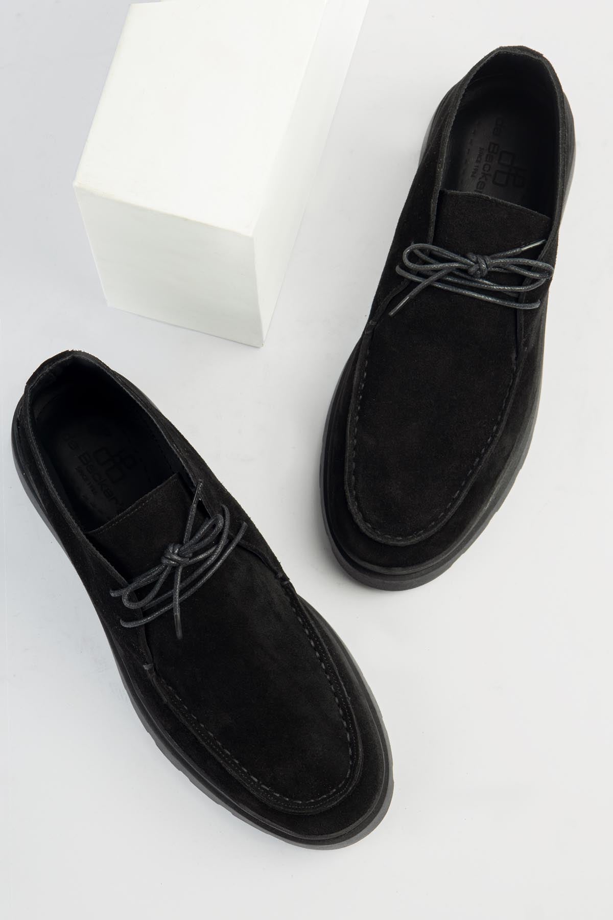 Black Suede Moc-Toe Lace-Up Shoe
