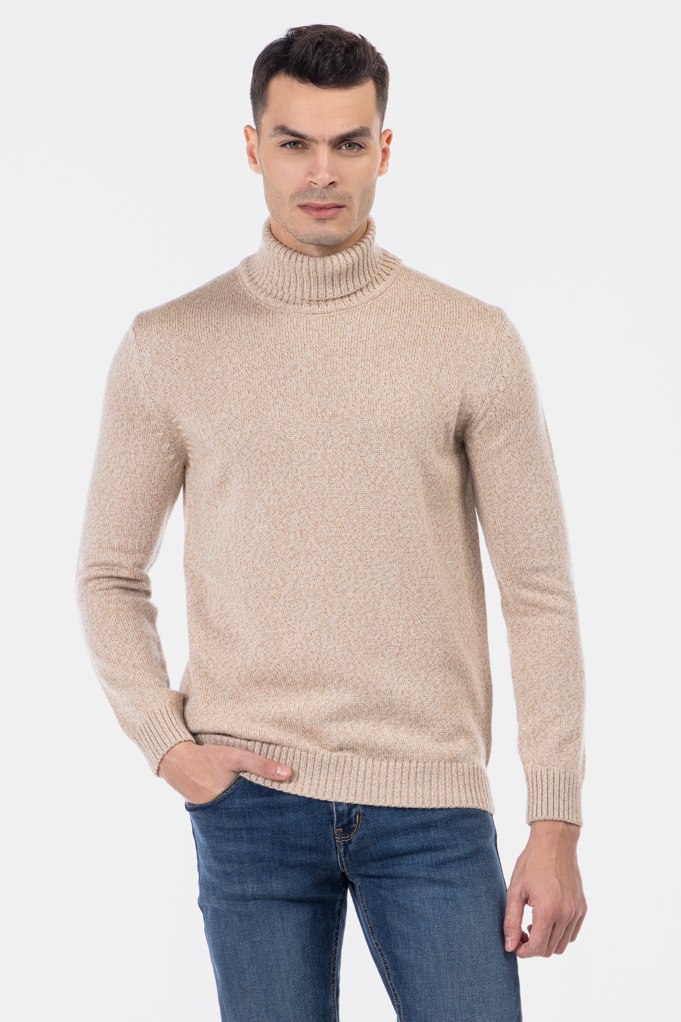 Jacquard Knitted Heavy Beige High-neck  Pullover