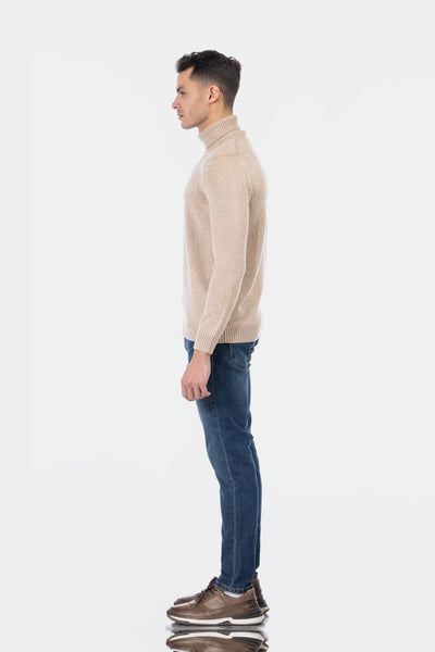 Jacquard Knitted Heavy Beige High-neck  Pullover