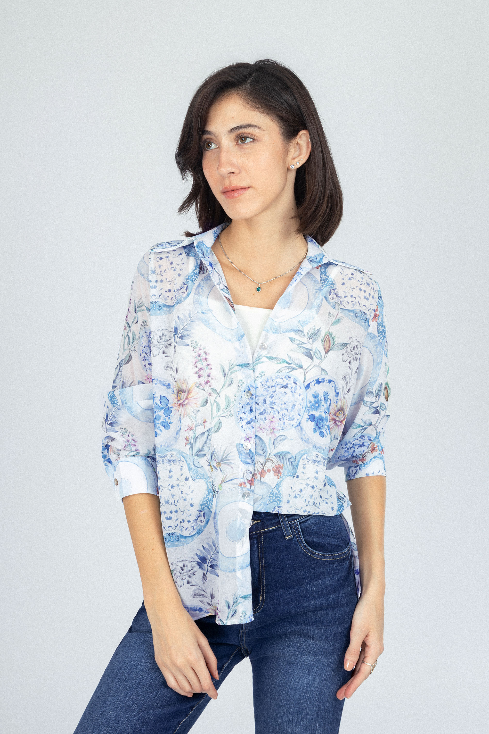 Printed Light Blue Chiffon Casual Shirt