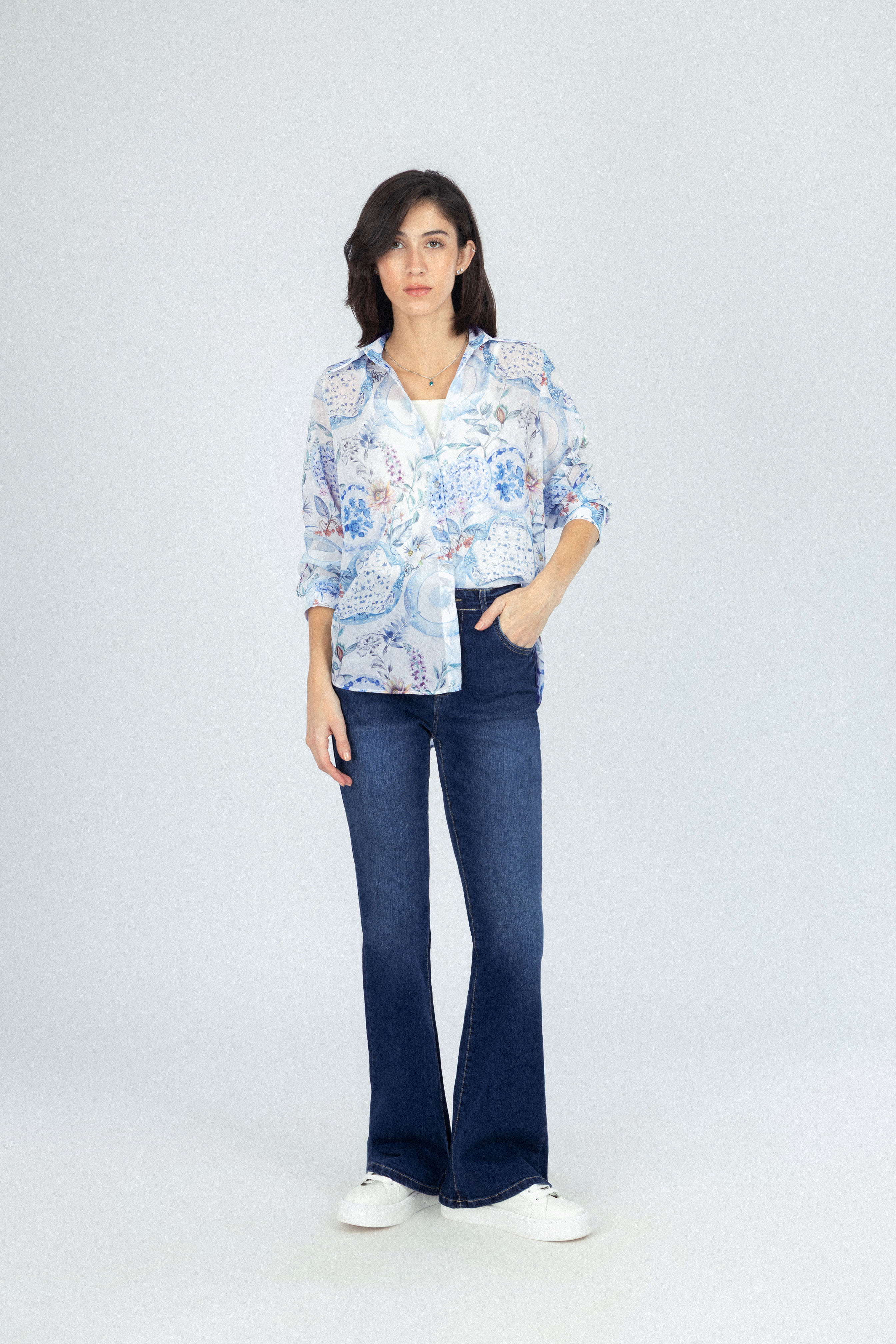 Printed Light Blue Chiffon Casual Shirt