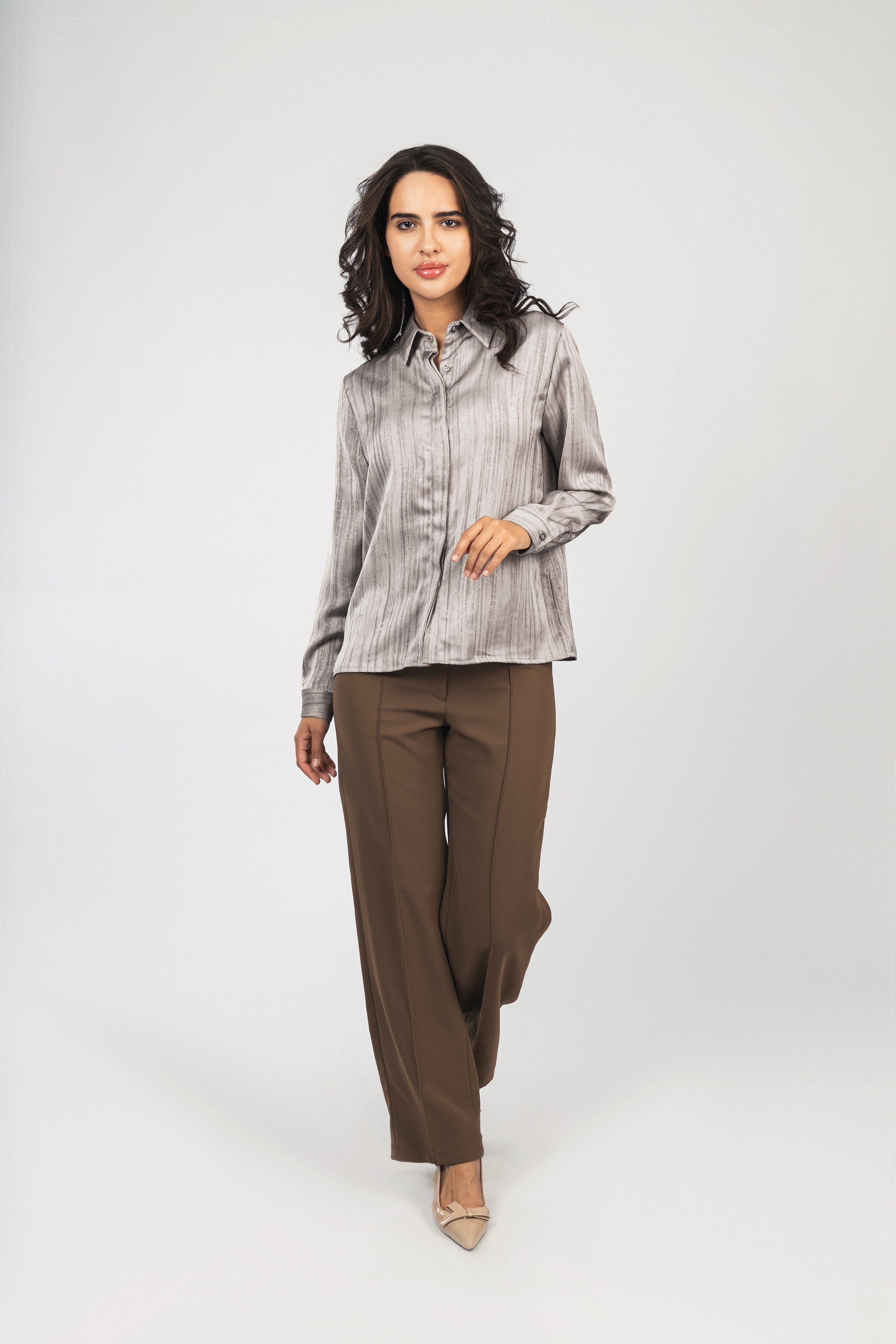 Light Beige Printed Sheen Chiffon Classic Shirt