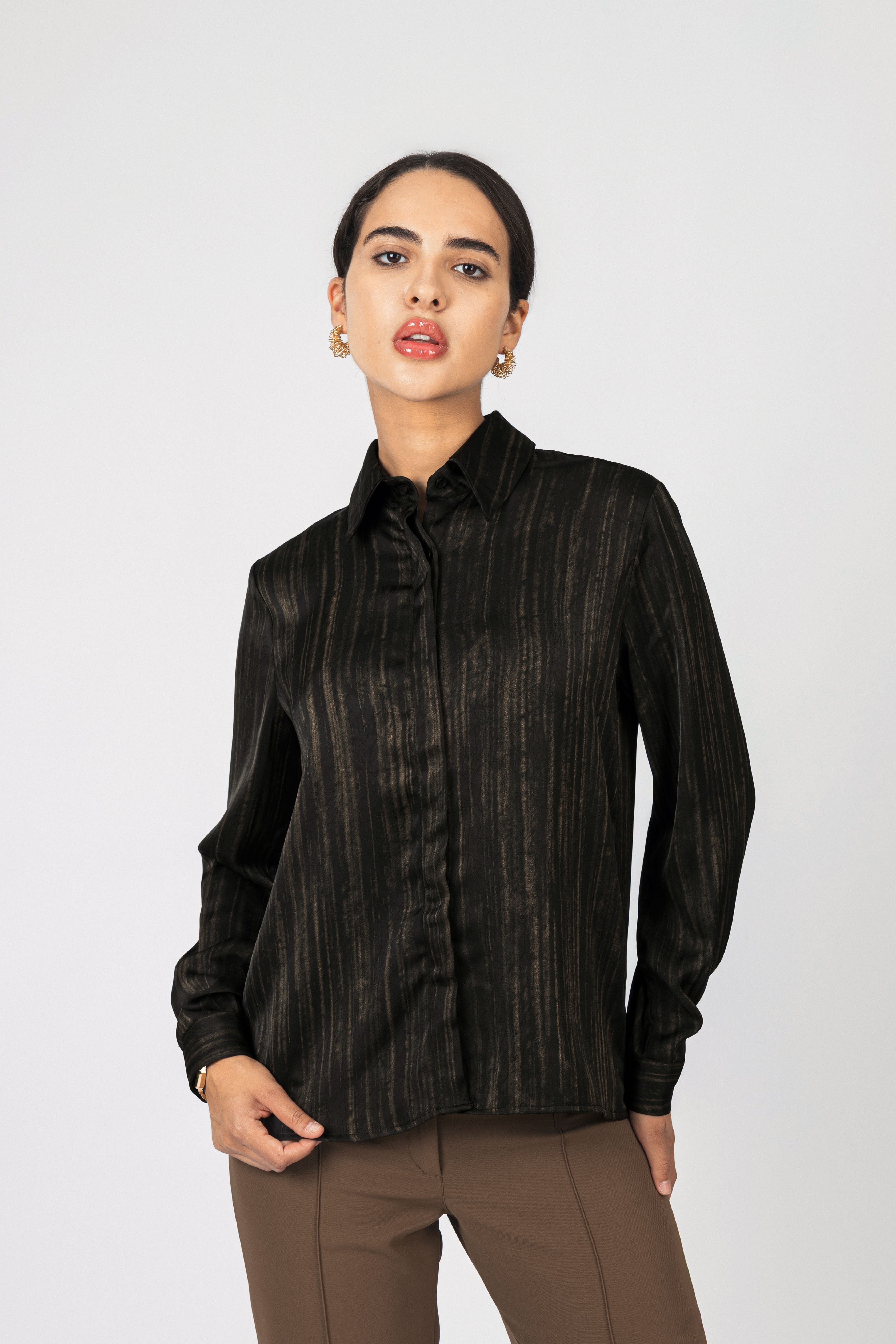 Black Printed Sheen Chiffon Classic Shirt