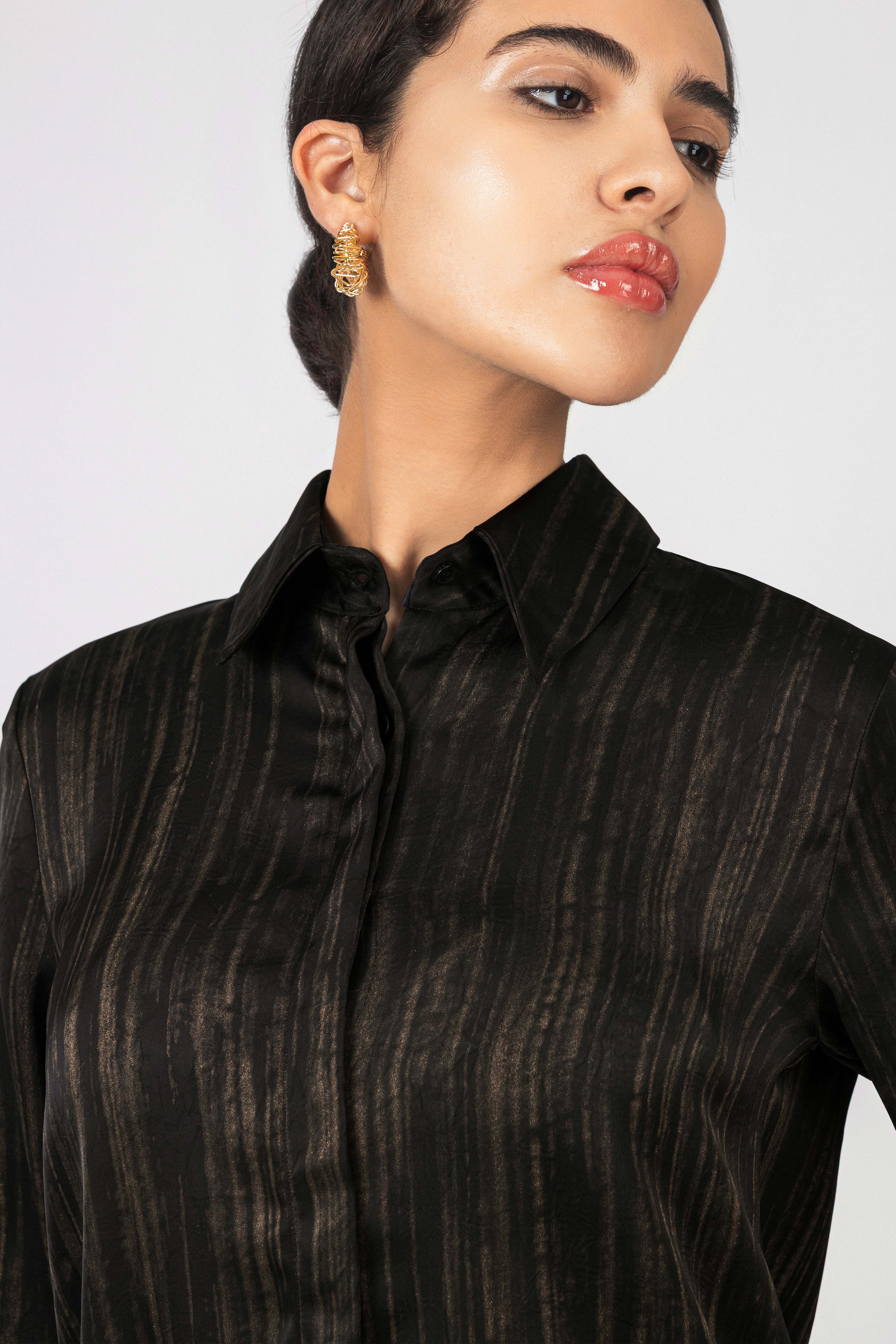 Black Printed Sheen Chiffon Classic Shirt