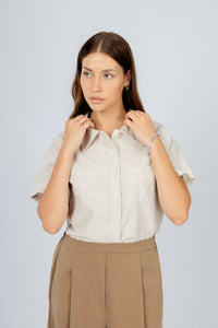 Women's Linen Blend Striped Brown Short Sleeves Shirt