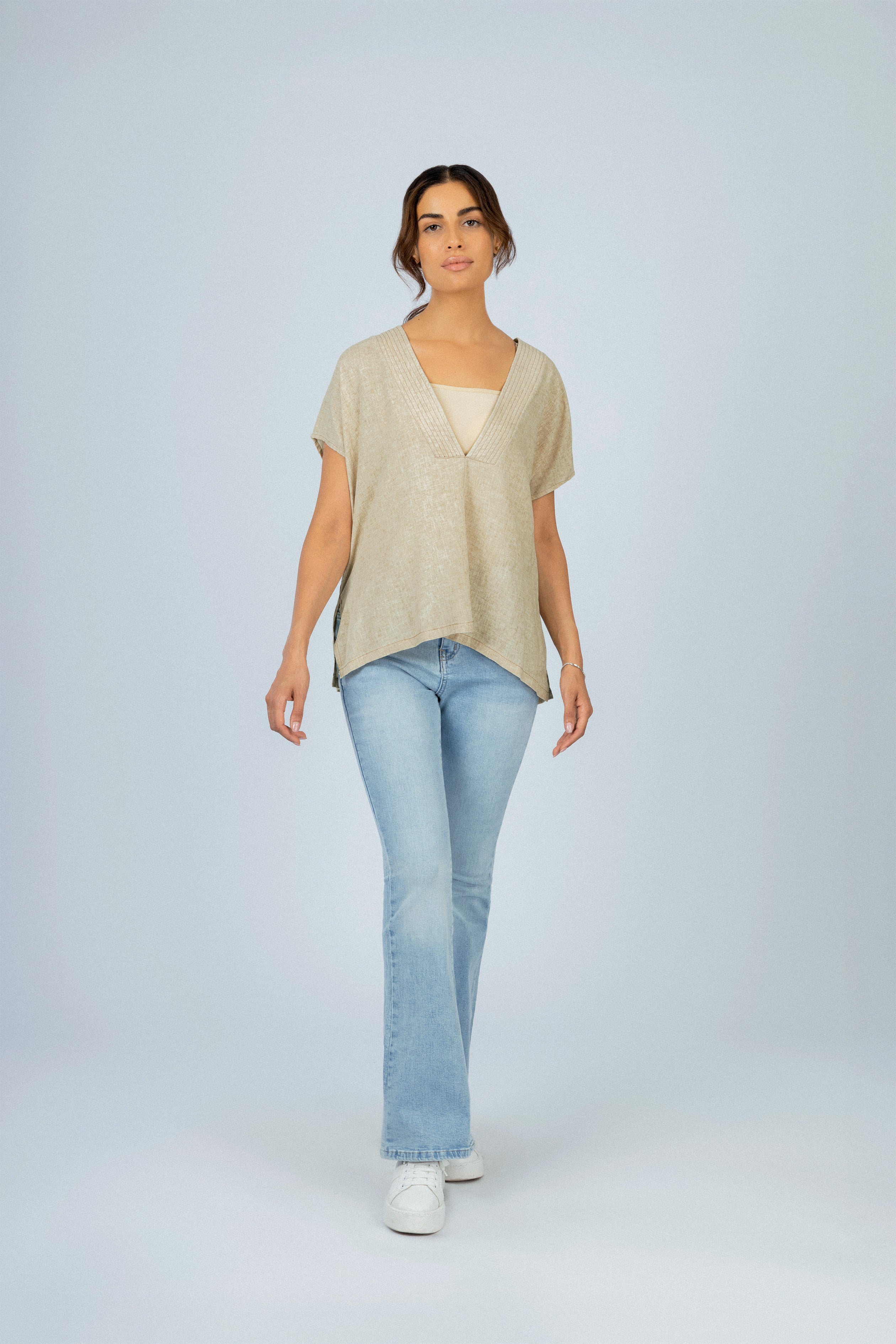Beige Linen Blend Short-Sleeve Blouse