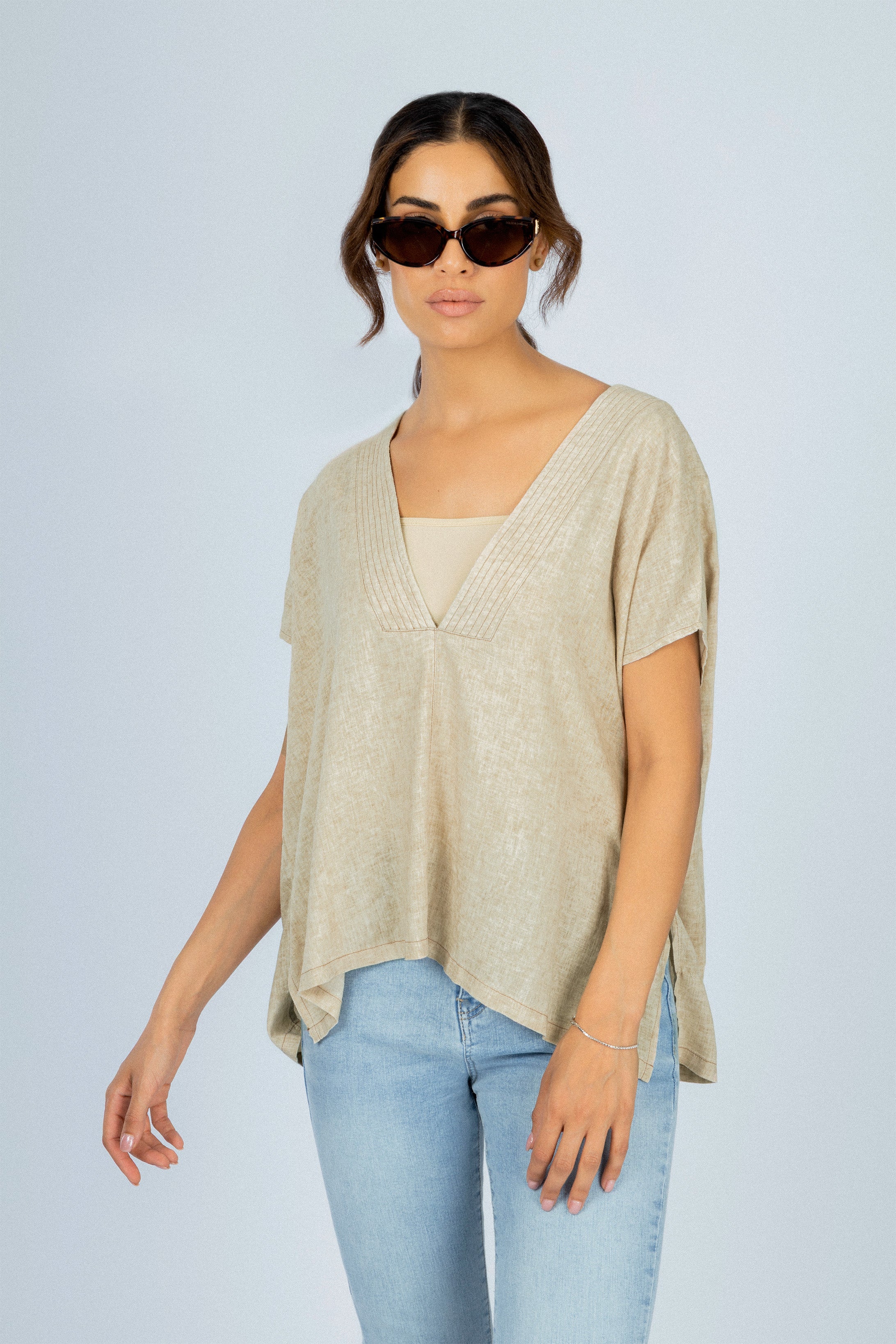 Beige Linen Blend Short-Sleeve Blouse