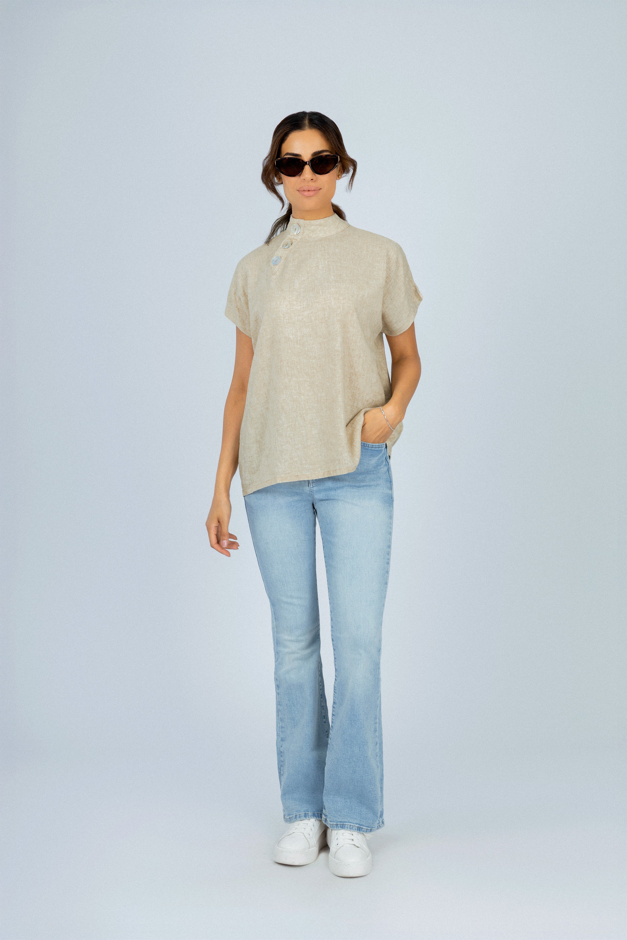 Beige Linen Blend Short Sleeves Blouse