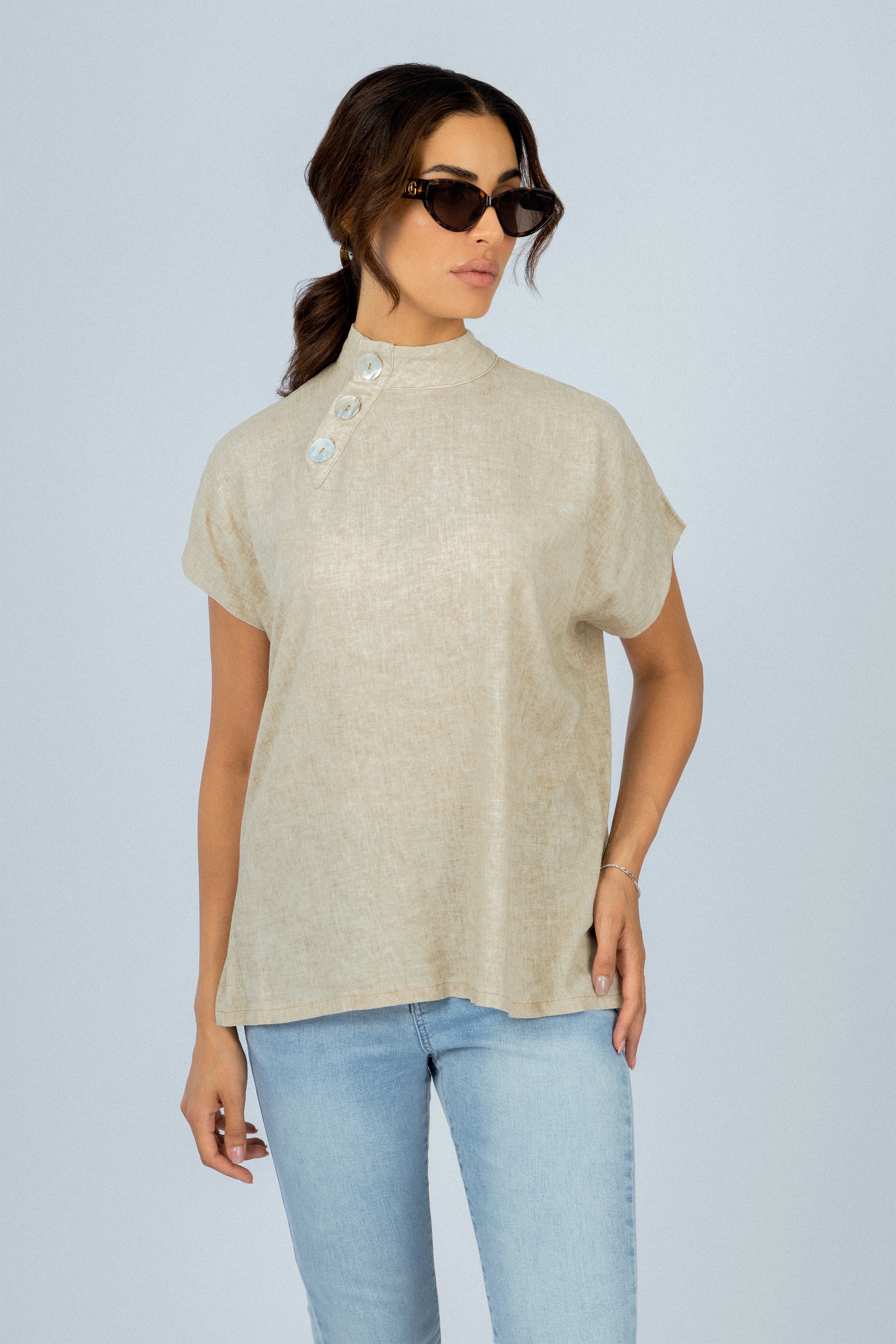 Beige Linen Blend Short Sleeves Blouse
