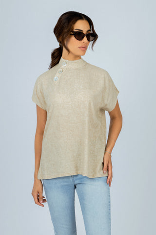 Beige Linen Blend Short Sleeves Blouse