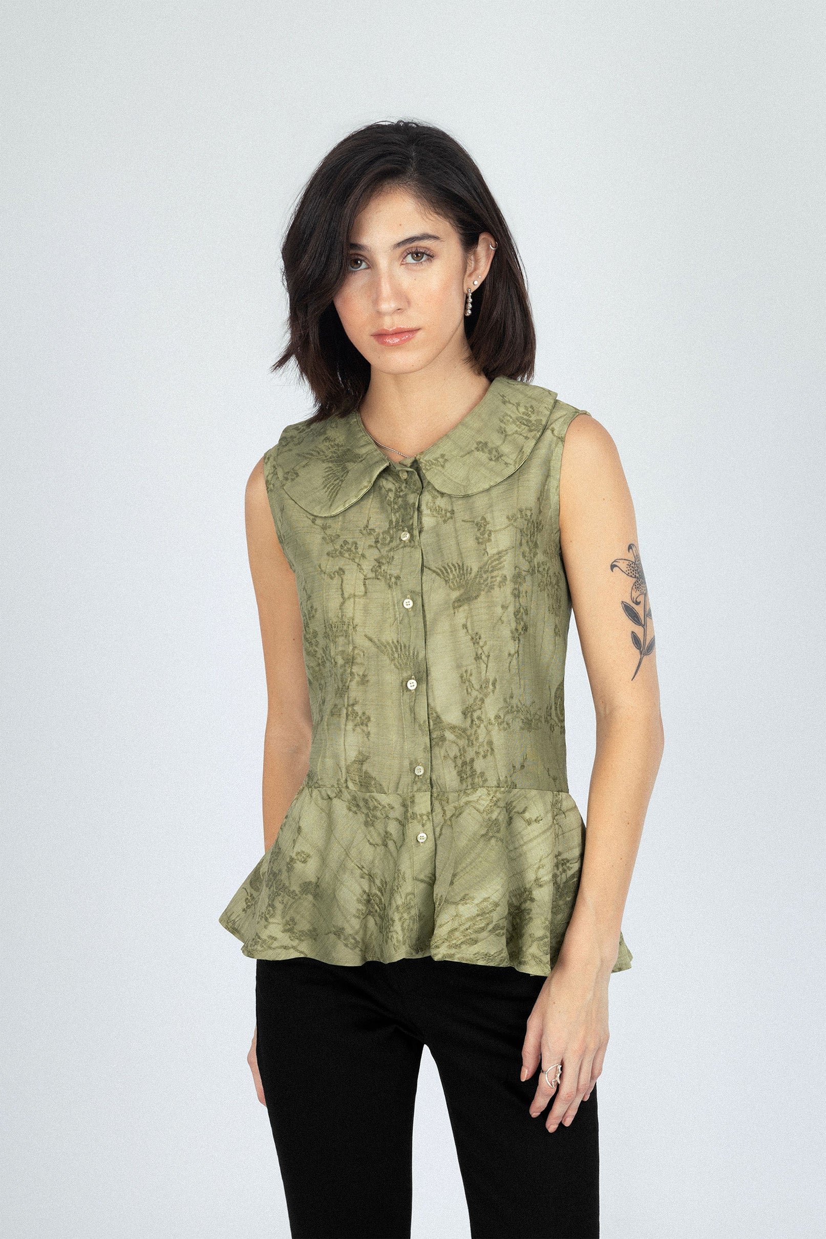 Sleeveless Floral Light Green Blouse