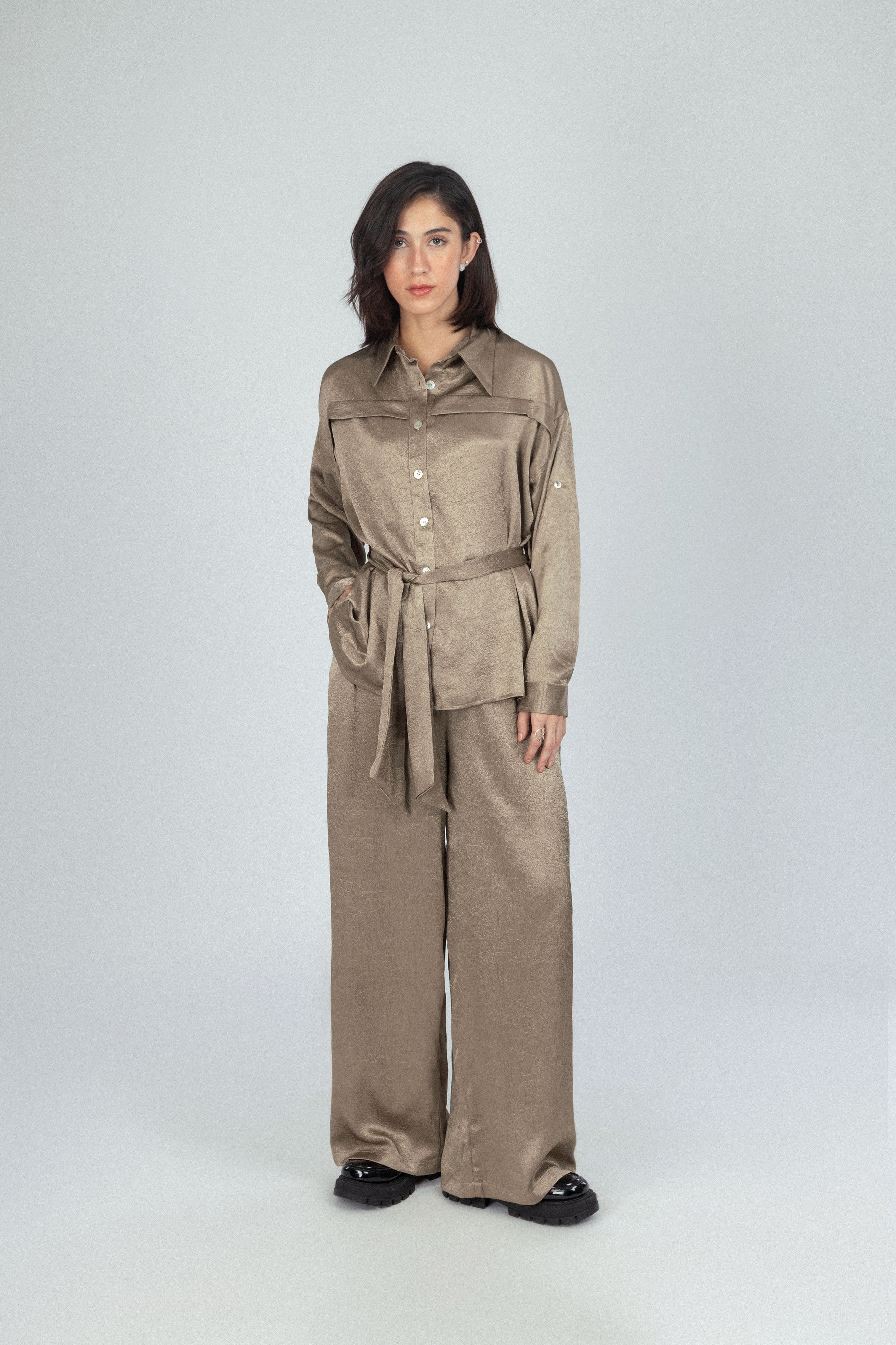 Textured Khaki Satin Set