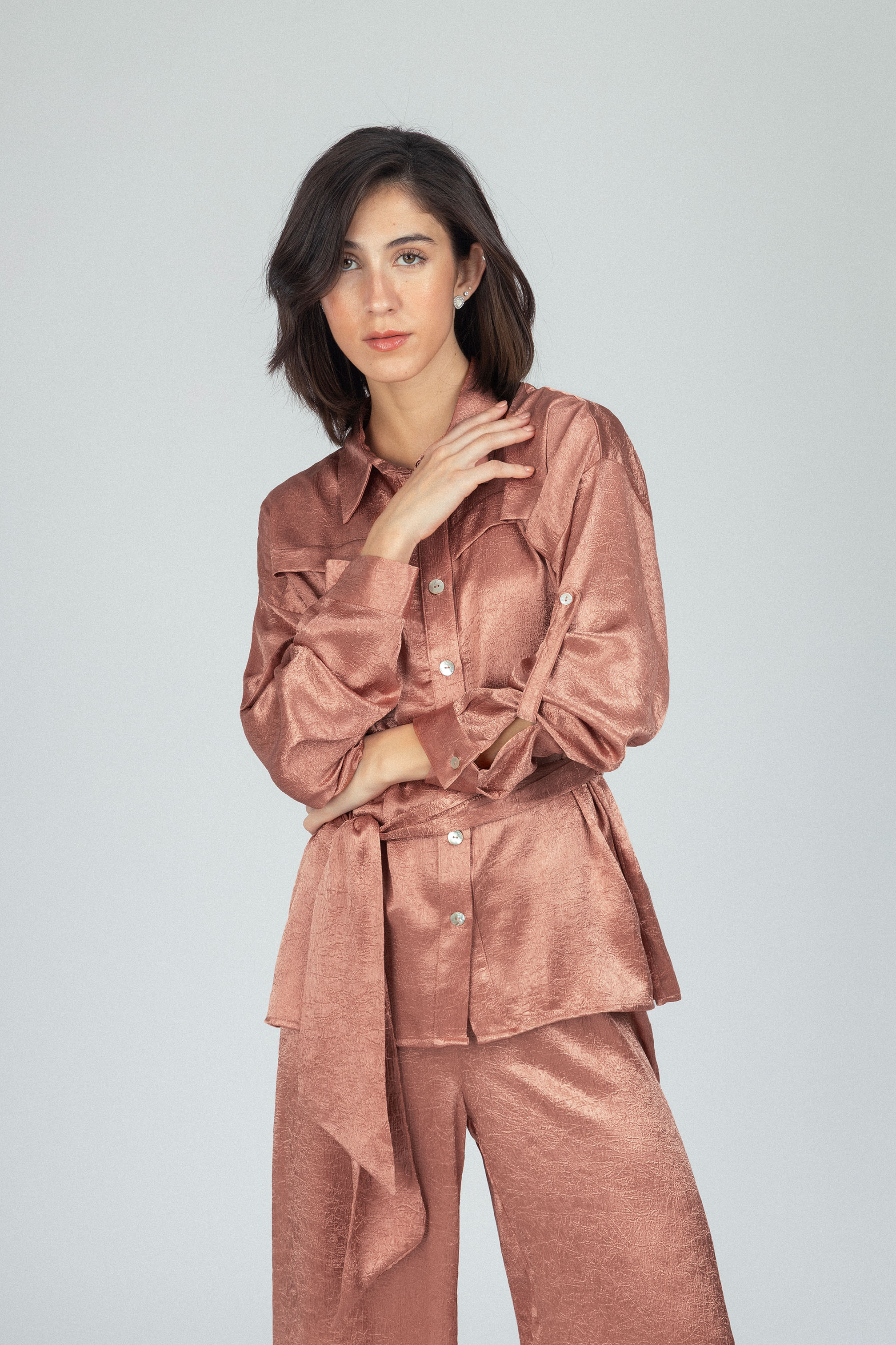 Textured Redwood Brown Satin Set