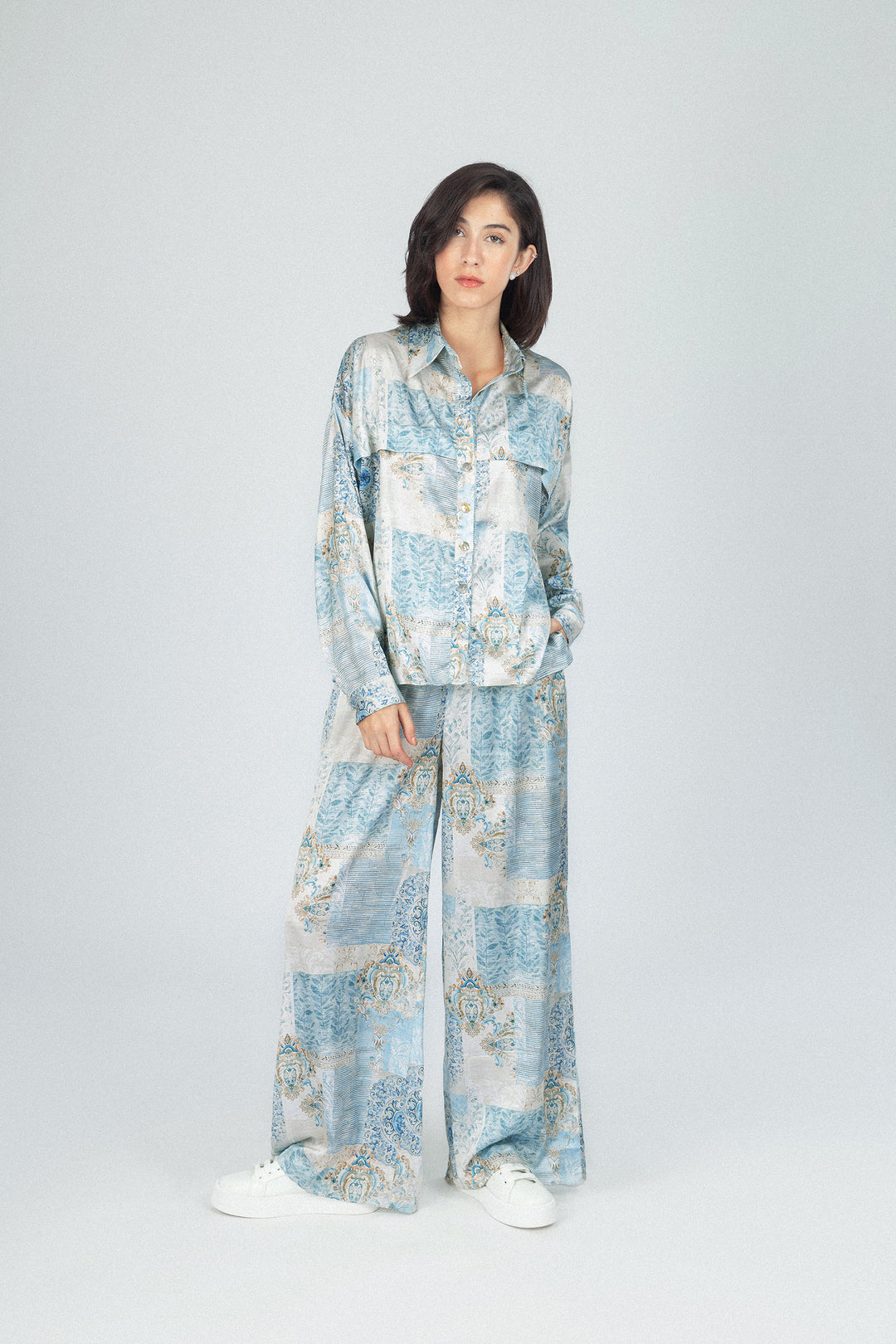 Flowered Printed Green Satin Set