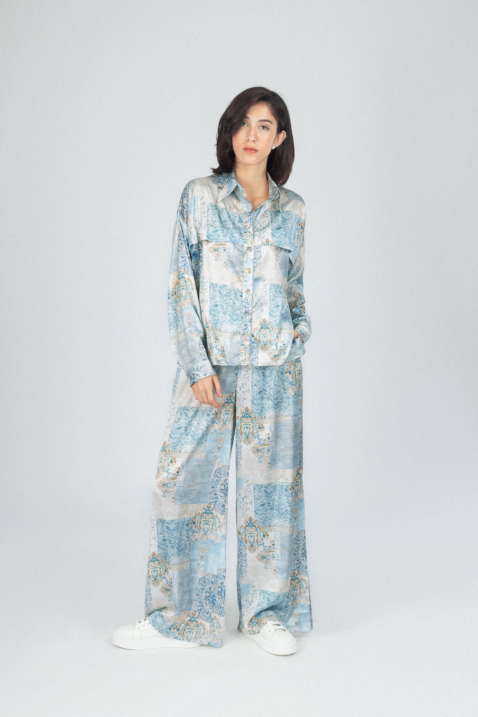 Flowered Printed Green Satin Set